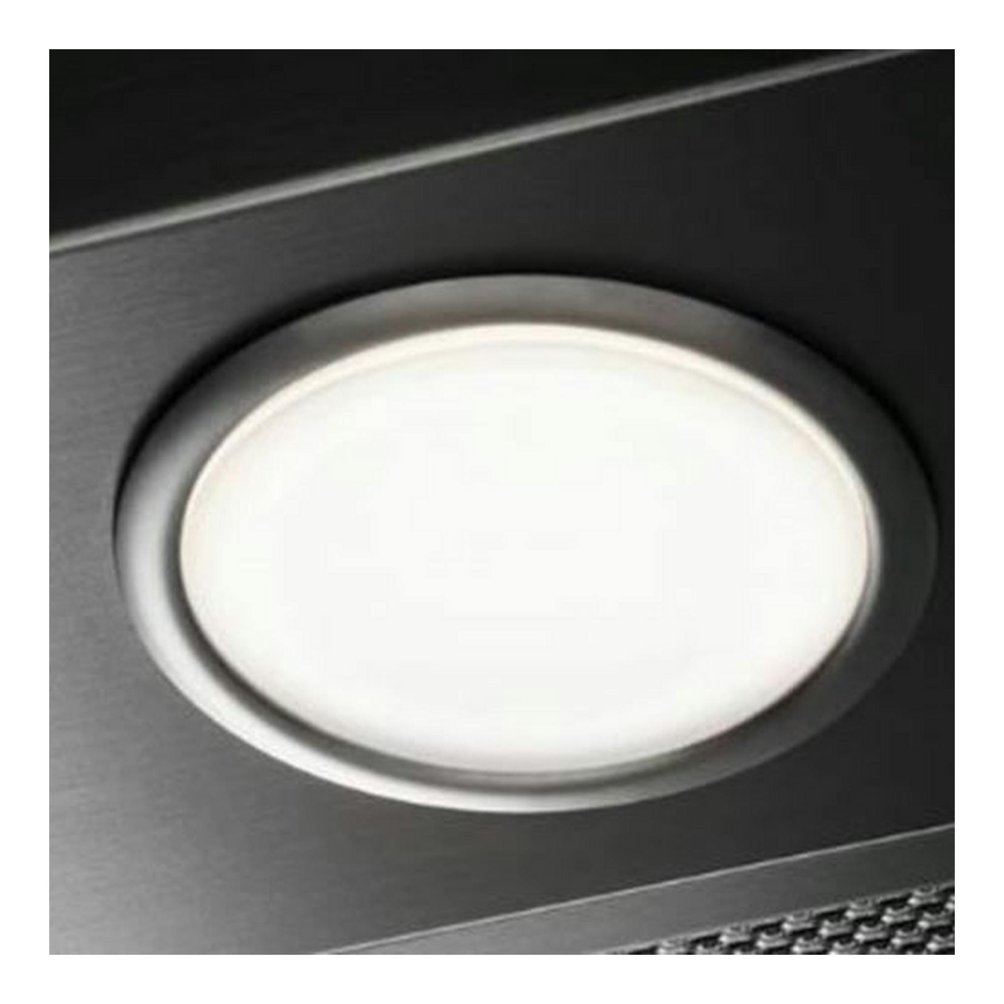 Campana decorativa Electrolux LFT419X en inox, detalle frontal con foco circular blanco.