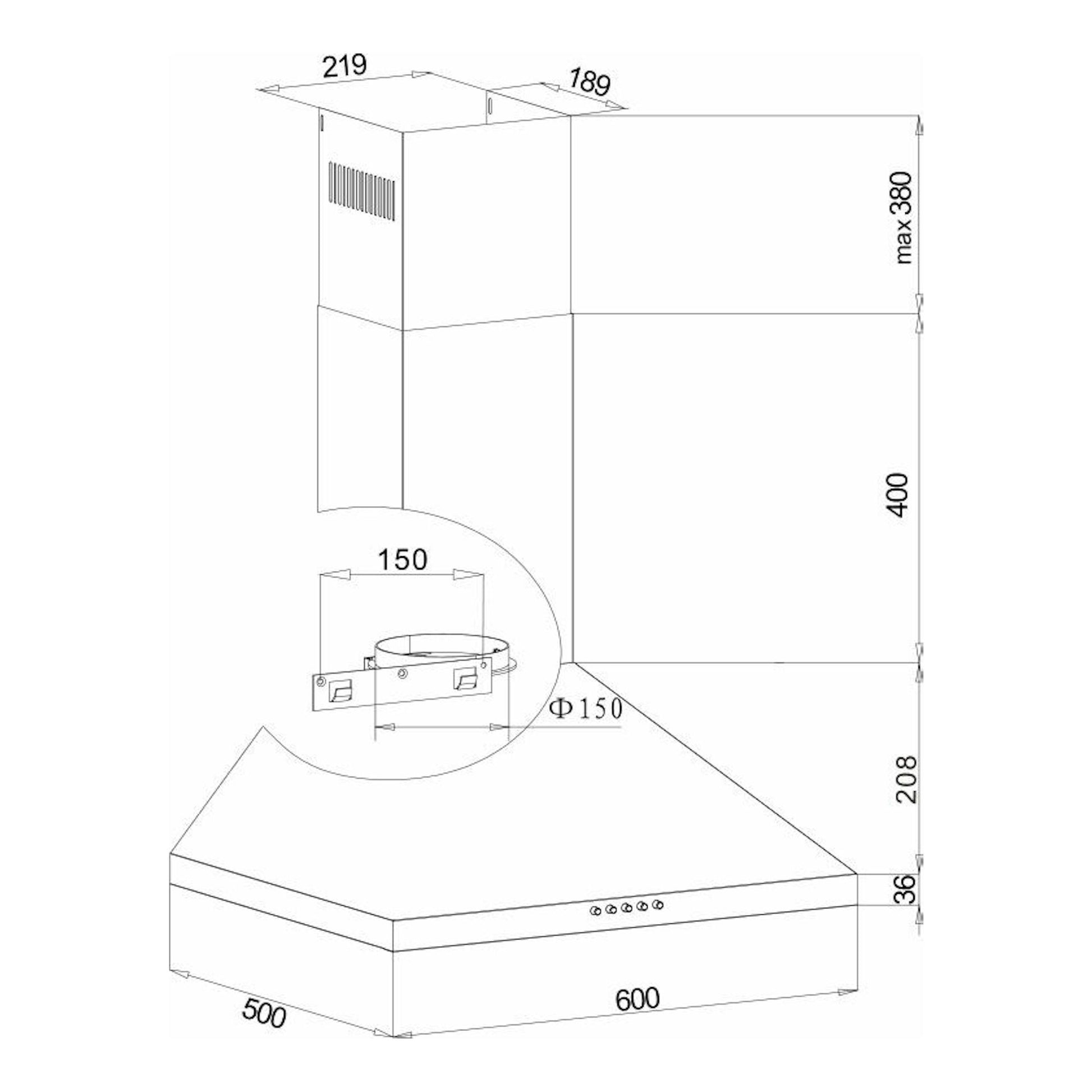 Dibujo técnico de campana extractora Fagor 3CFP-6050X inox, vista frontal y lateral con medidas.