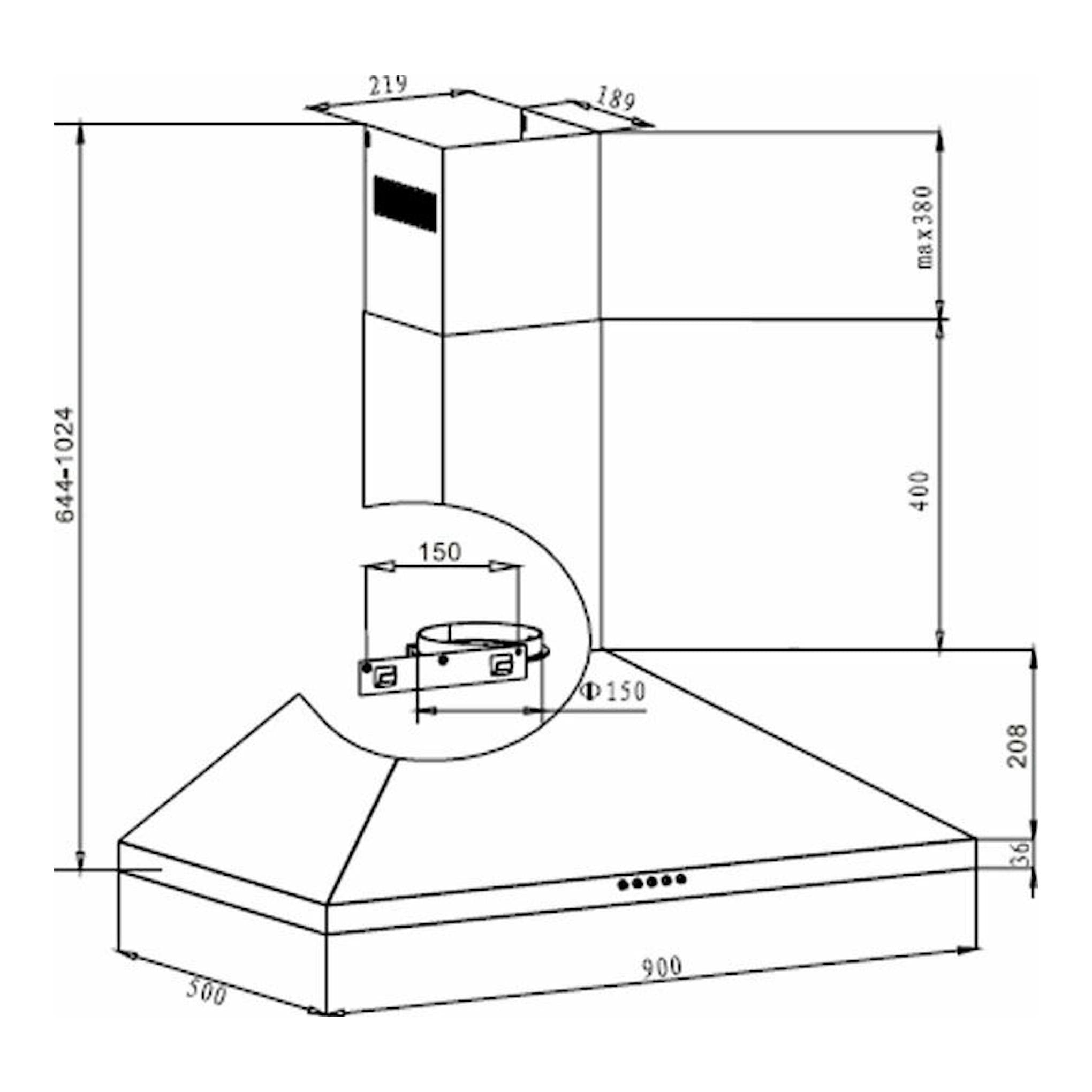 Dibujo técnico de campana decorativa Fagor 3CFP-9050X inox, vista isométrica con medidas.