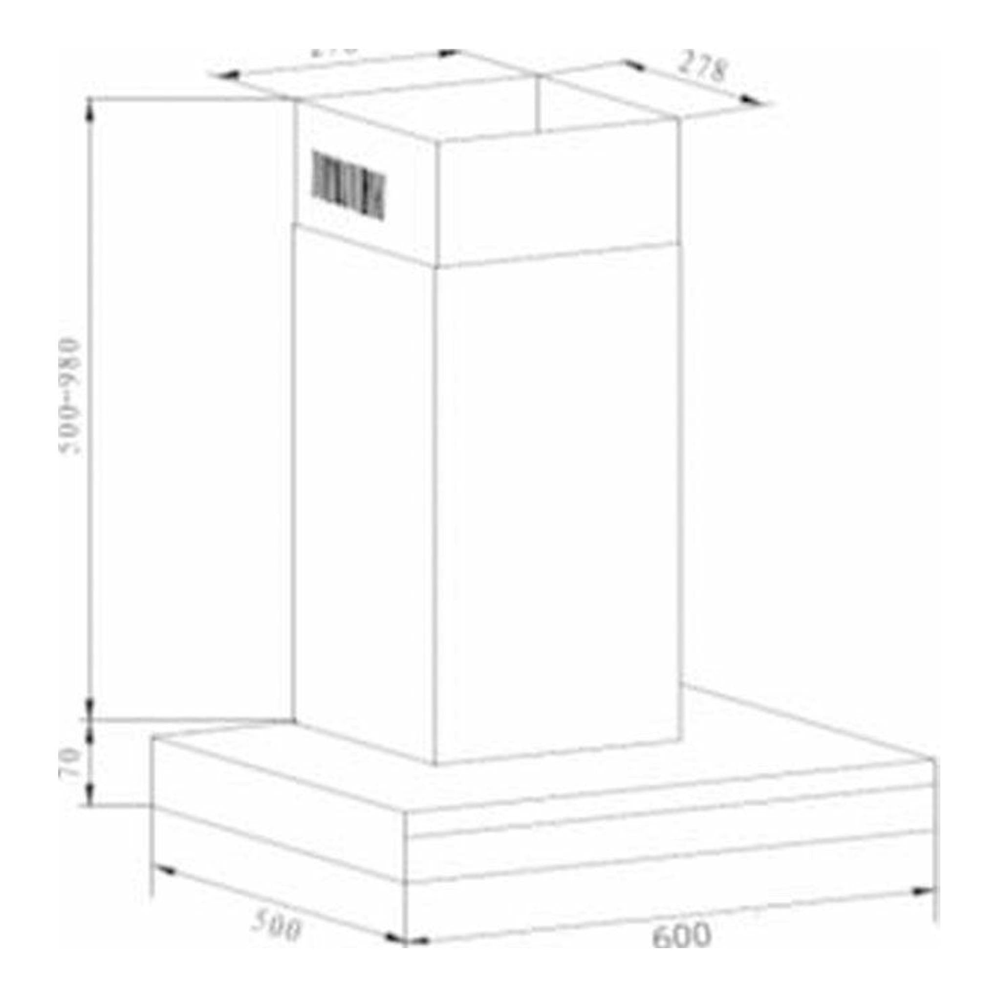 Dibujo técnico frontal de campana decorativa Fagor 3CFS-6060X inox, con medidas.