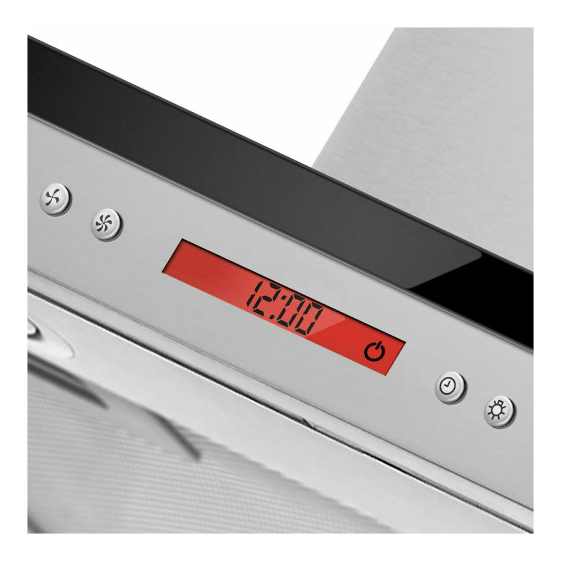 Campana decorativa Fagor 3CFS-6060X inox, vista en ángulo del panel de acero inoxidable con display rojo.