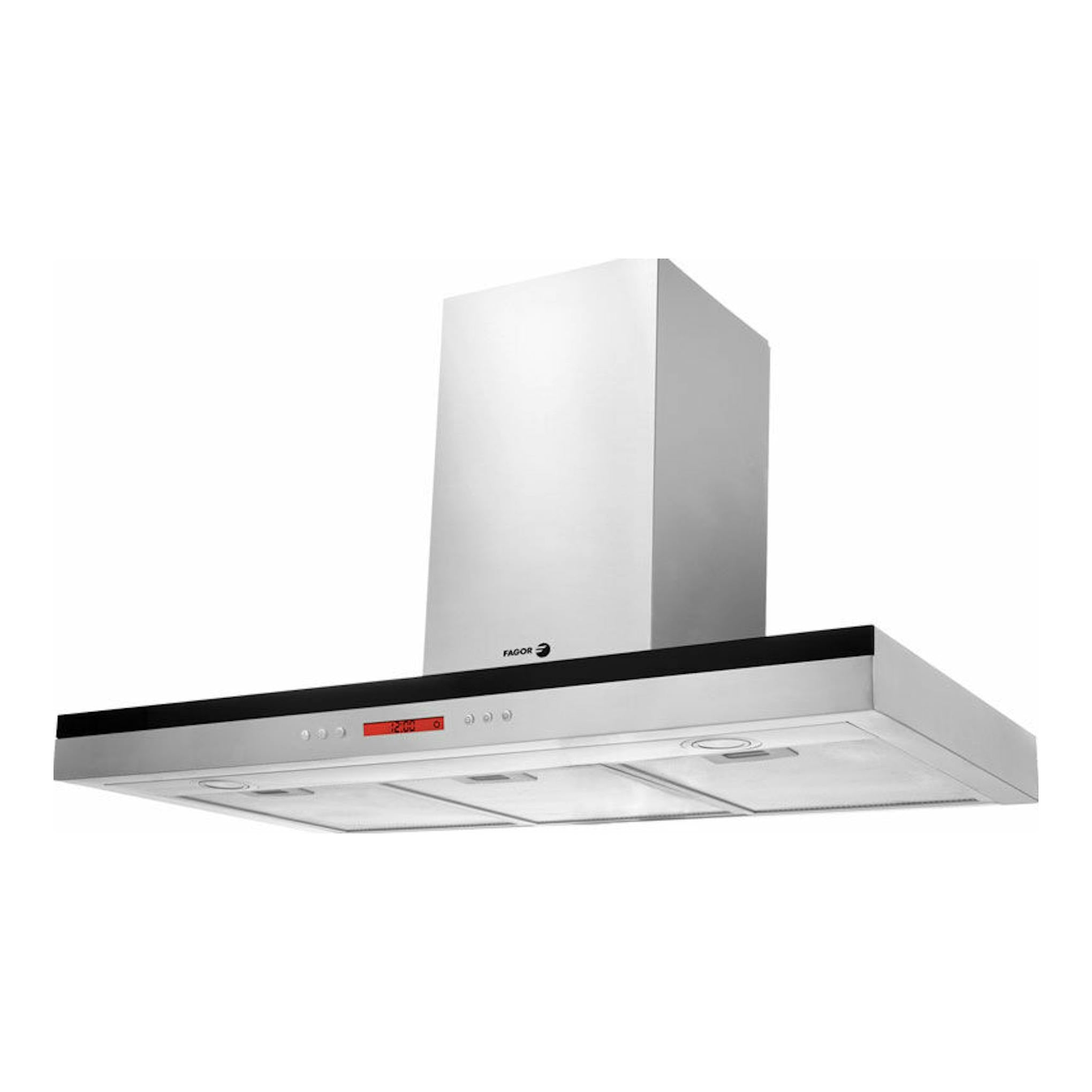 Campana decorativa Fagor 3CFS-9060X inox, vista frontal en ángulo bajo, acero inoxidable y cristal negro.