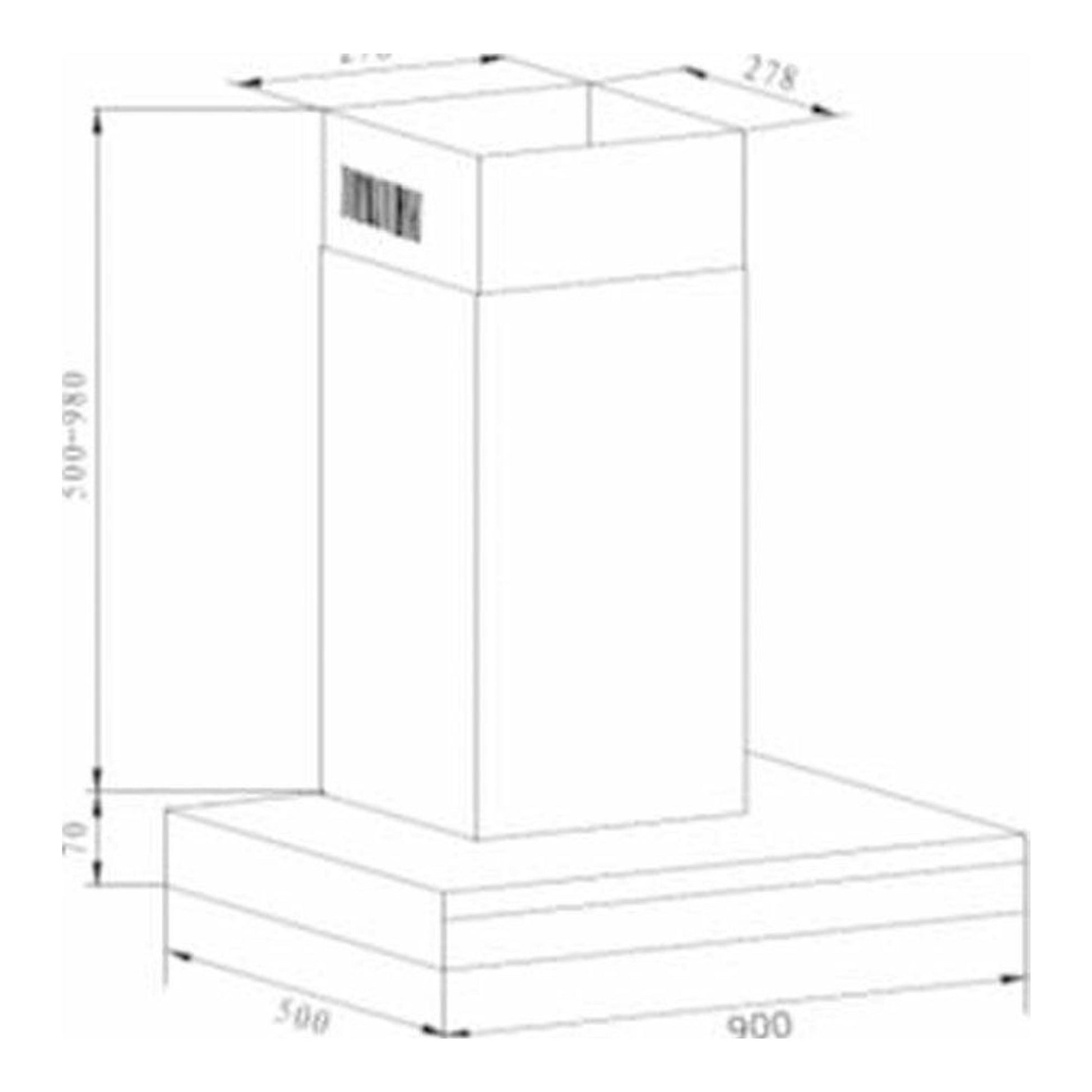 Dibujo técnico en perspectiva de campana decorativa Fagor 3CFS-9060X inox, con medidas.