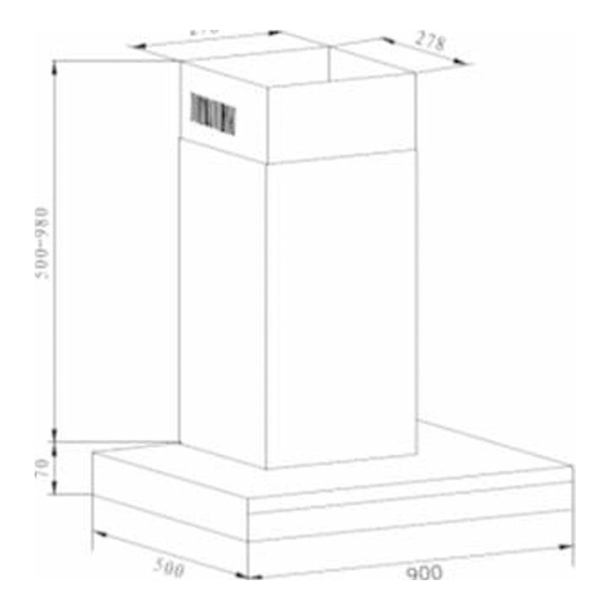 Dibujo técnico en perspectiva de campana decorativa Fagor 3CFS-9060X inox, con medidas.