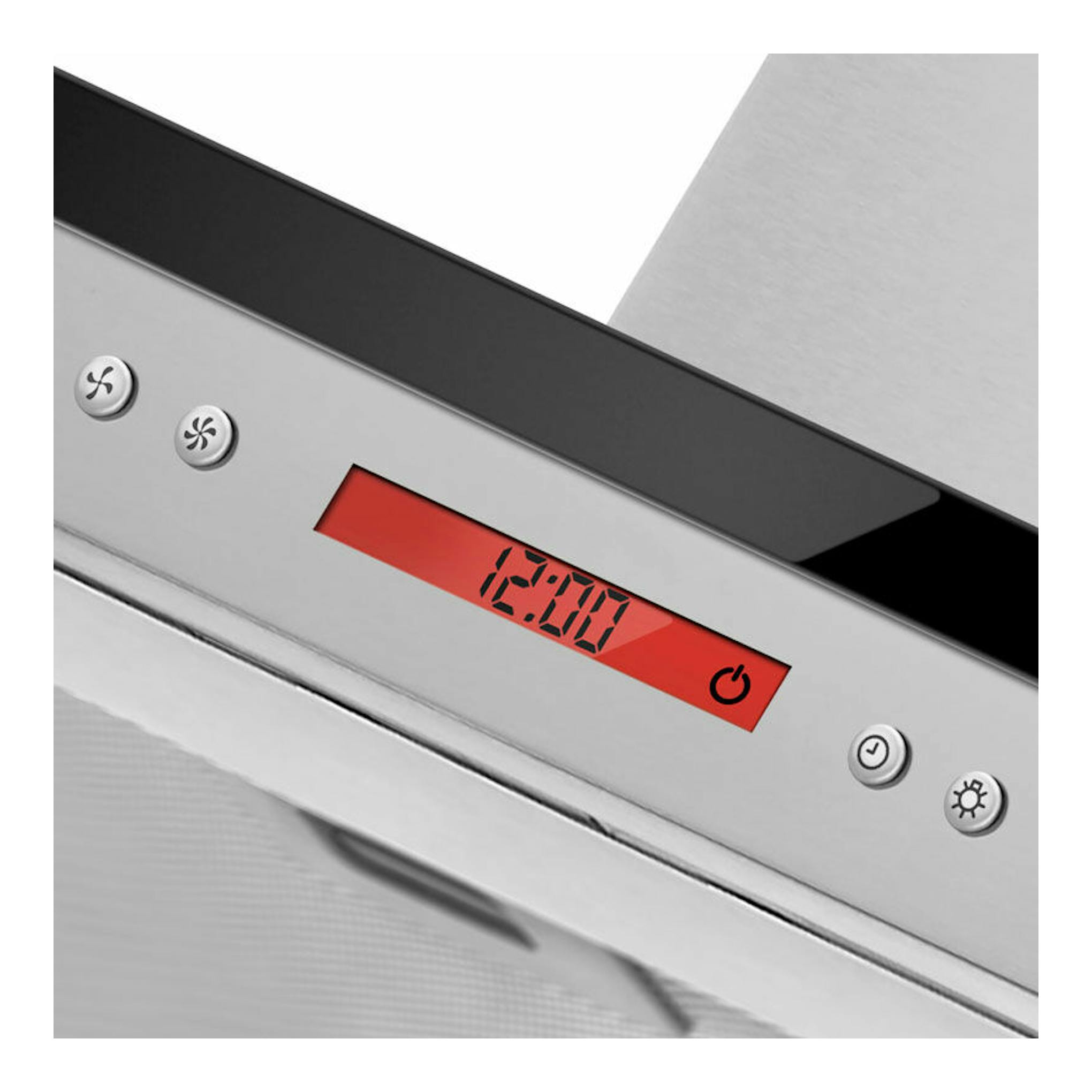 Campana decorativa Fagor 3CFS-9060X inox, detalle del panel frontal de acero con pantalla digital roja.