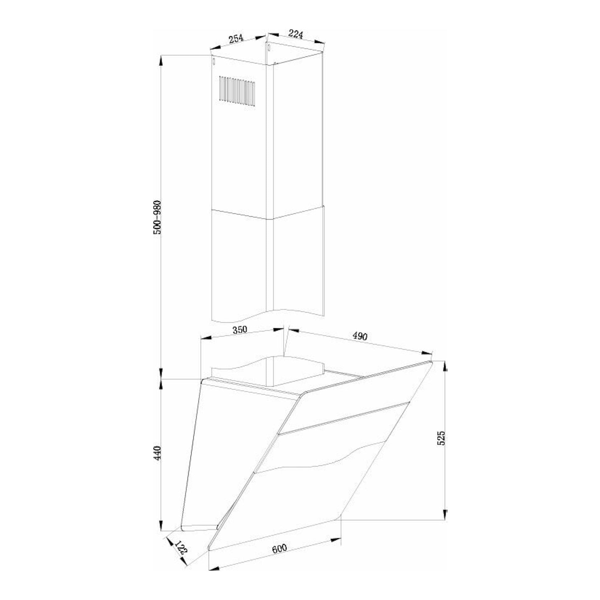 Dibujo técnico de campana decorativa Fagor 3CFT-610N negra, vista frontal y lateral con medidas.