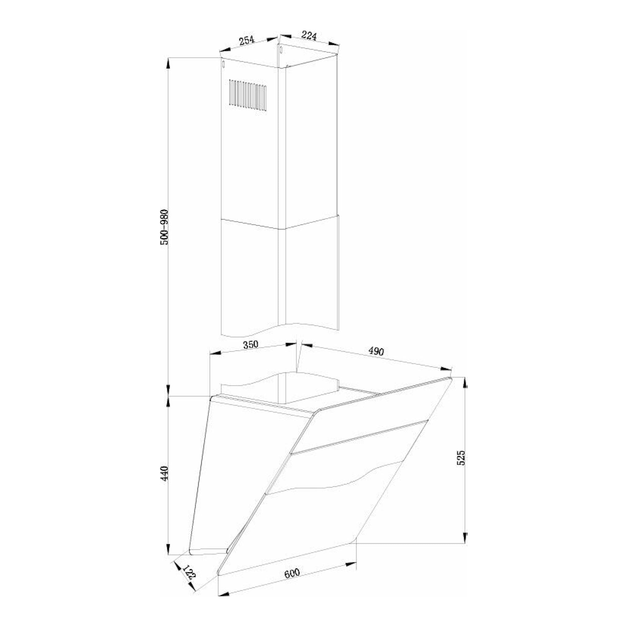 Dibujo técnico de campana decorativa Fagor 3CFT-610N negra, vista frontal y lateral con medidas.