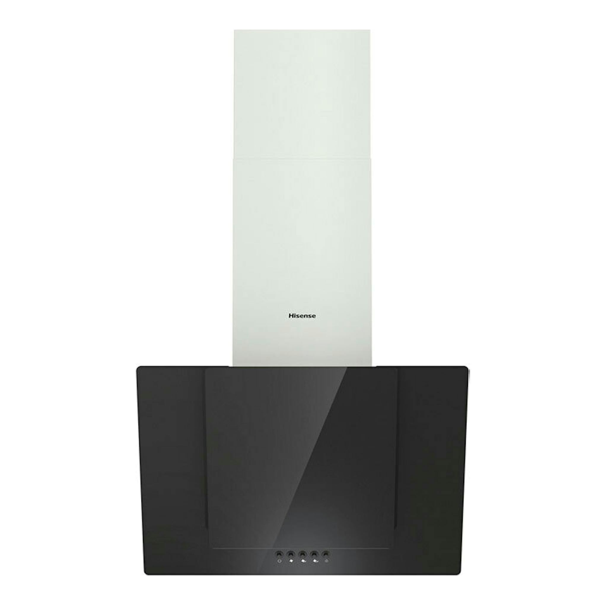 Campana extractora Hisense CH6IN6BXBG negra, vista frontal, con chimenea blanca y panel de vidrio.