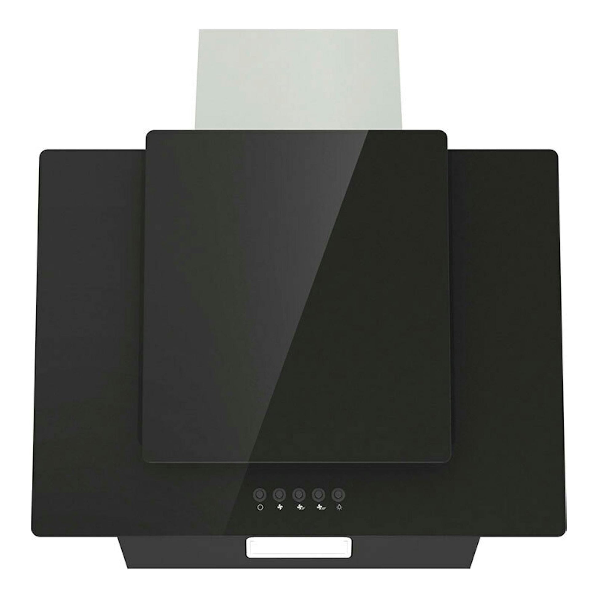 Campana decorativa Hisense CH6IN6BXBG negra, vista frontal, con panel de vidrio y chimenea plateada.