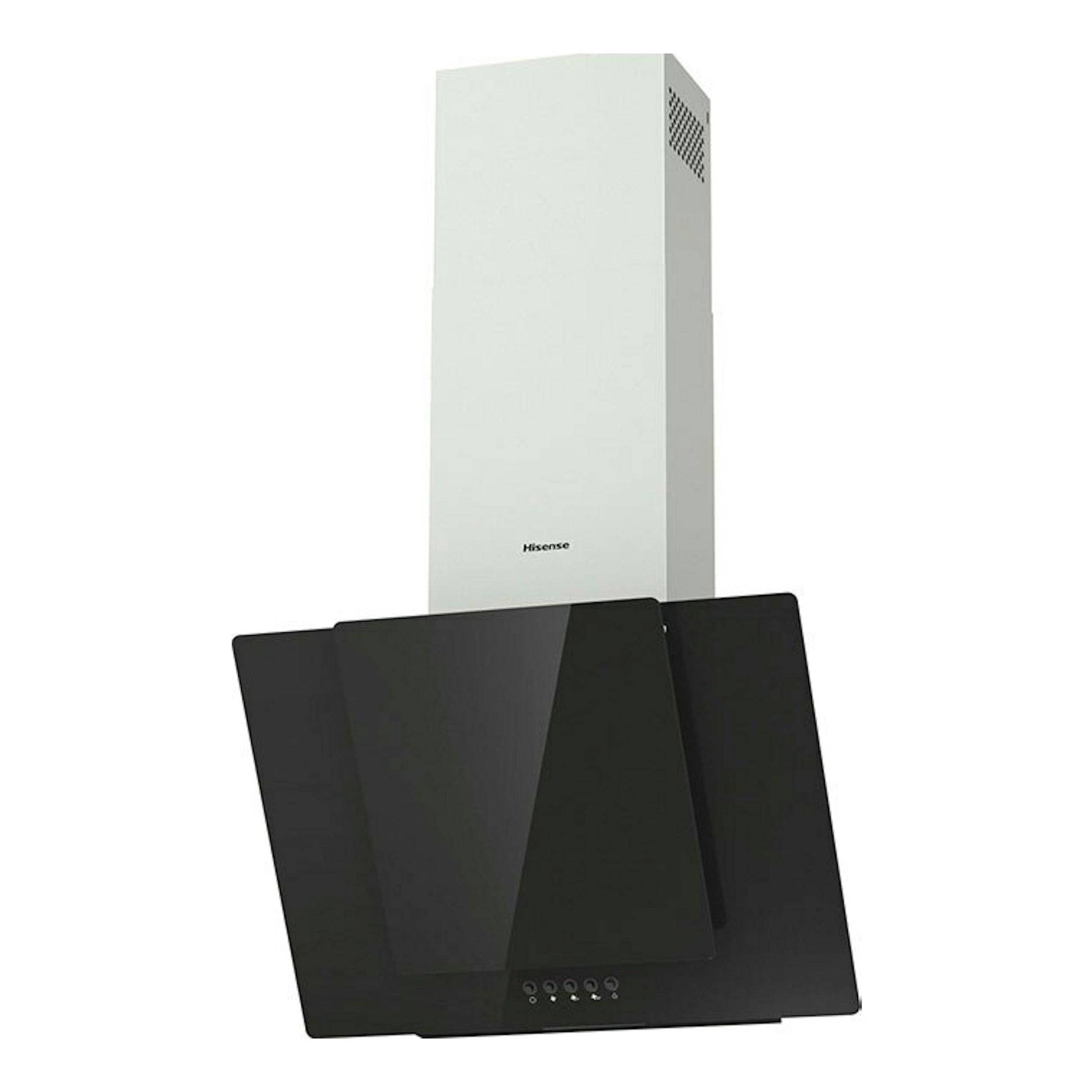 Campana decorativa Hisense CH6IN6BXBG, frontal negro de cristal y chimenea blanca, vista en ángulo.