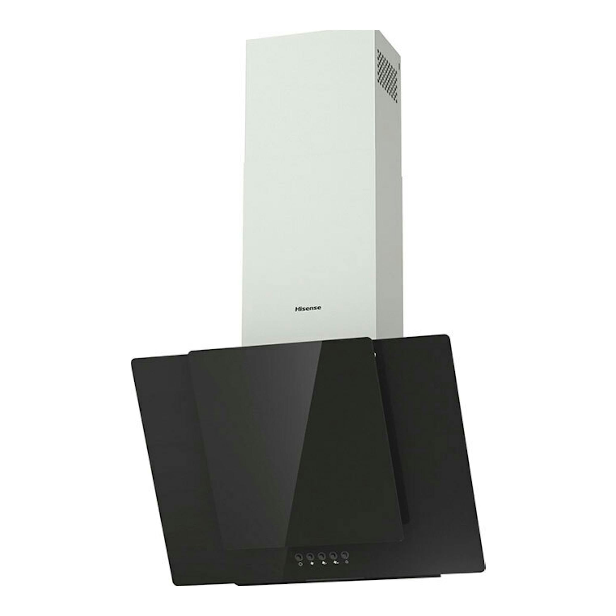 Campana decorativa Hisense CH6IN6BXBG, frontal negro de cristal y chimenea blanca, vista en ángulo.