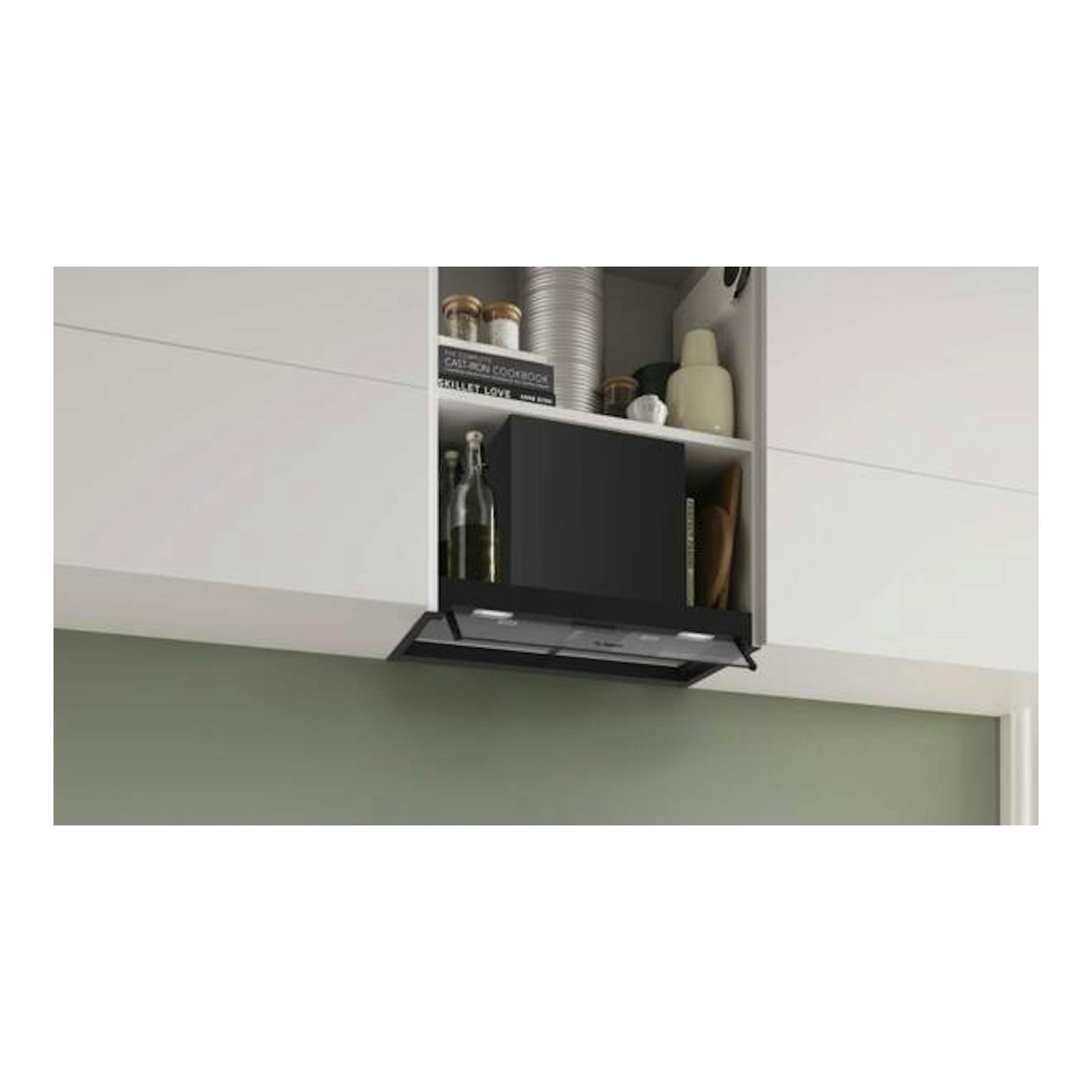 Campana integrable Bosch DBB65CC60 negra mate, vista frontal bajo mueble.