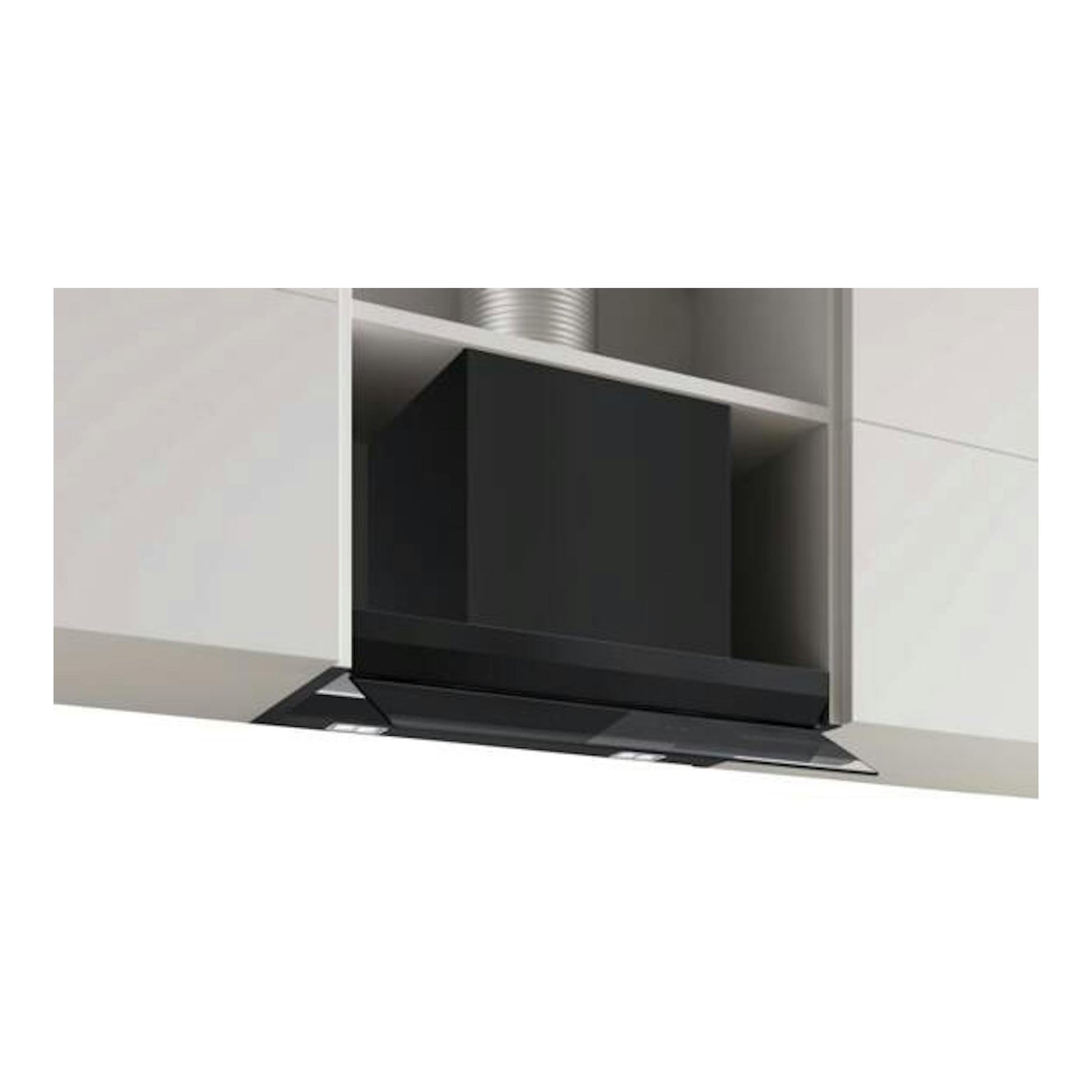 Campana extractora Bosch DBB67DP60 negra de 60 cm, vista frontal integrada en mueble de cocina.