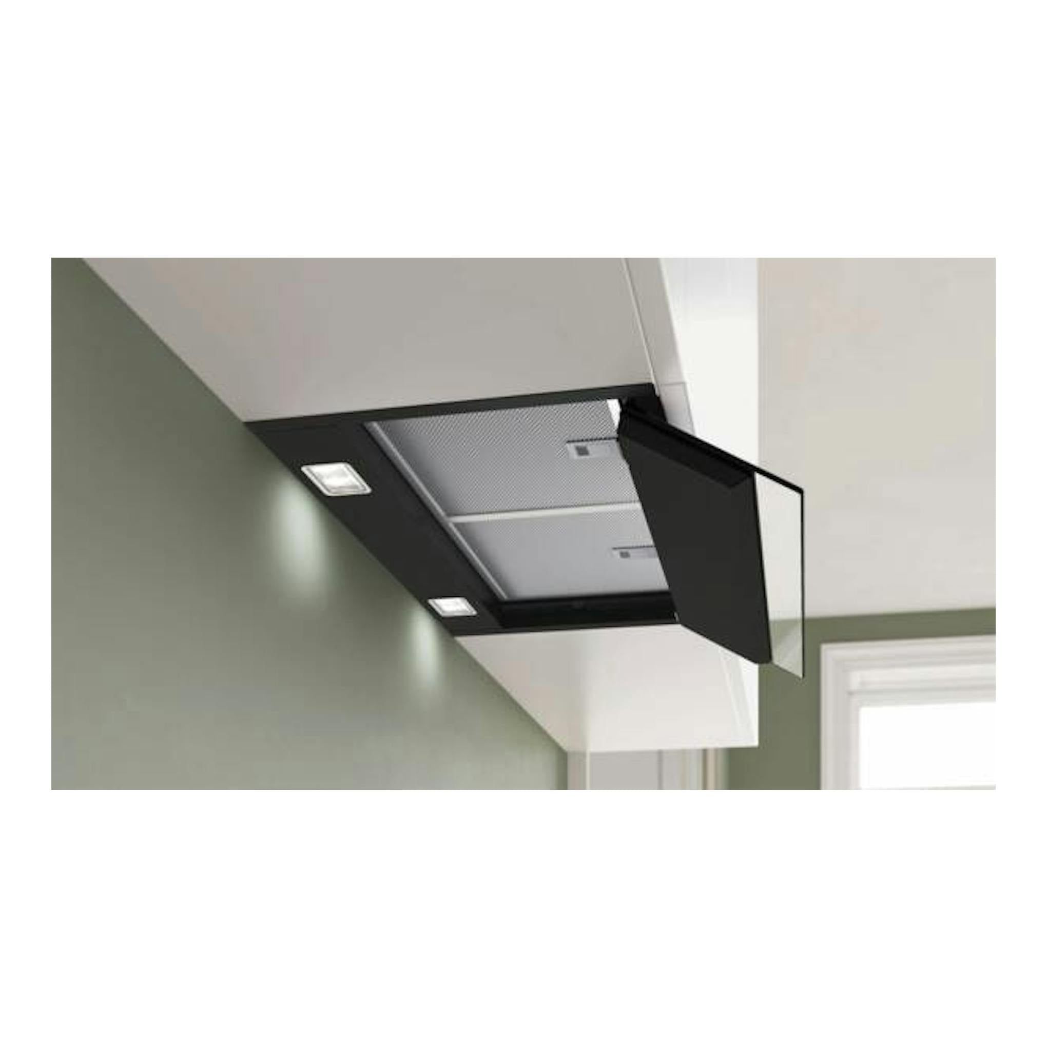 Campana extractora Bosch DBB67DP60 negra, vista inferior y frontal, integrada en mueble, con puerta abatible.