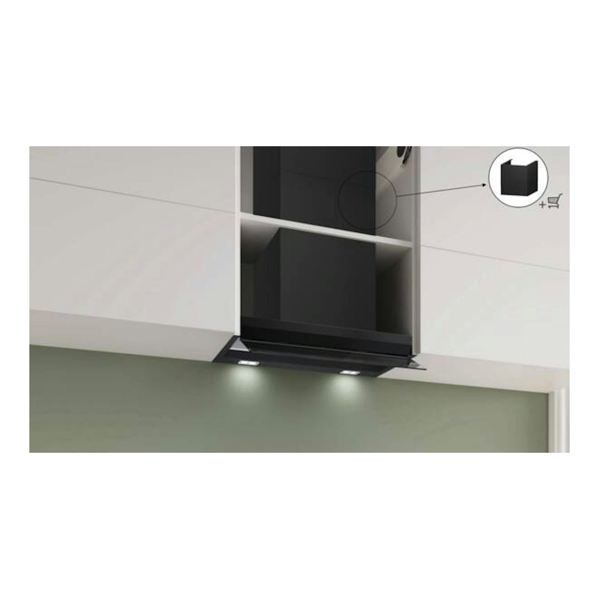 Campana decorativa integrable Bosch DBB67DP60 negra, vista frontal, instalada entre muebles de cocina.