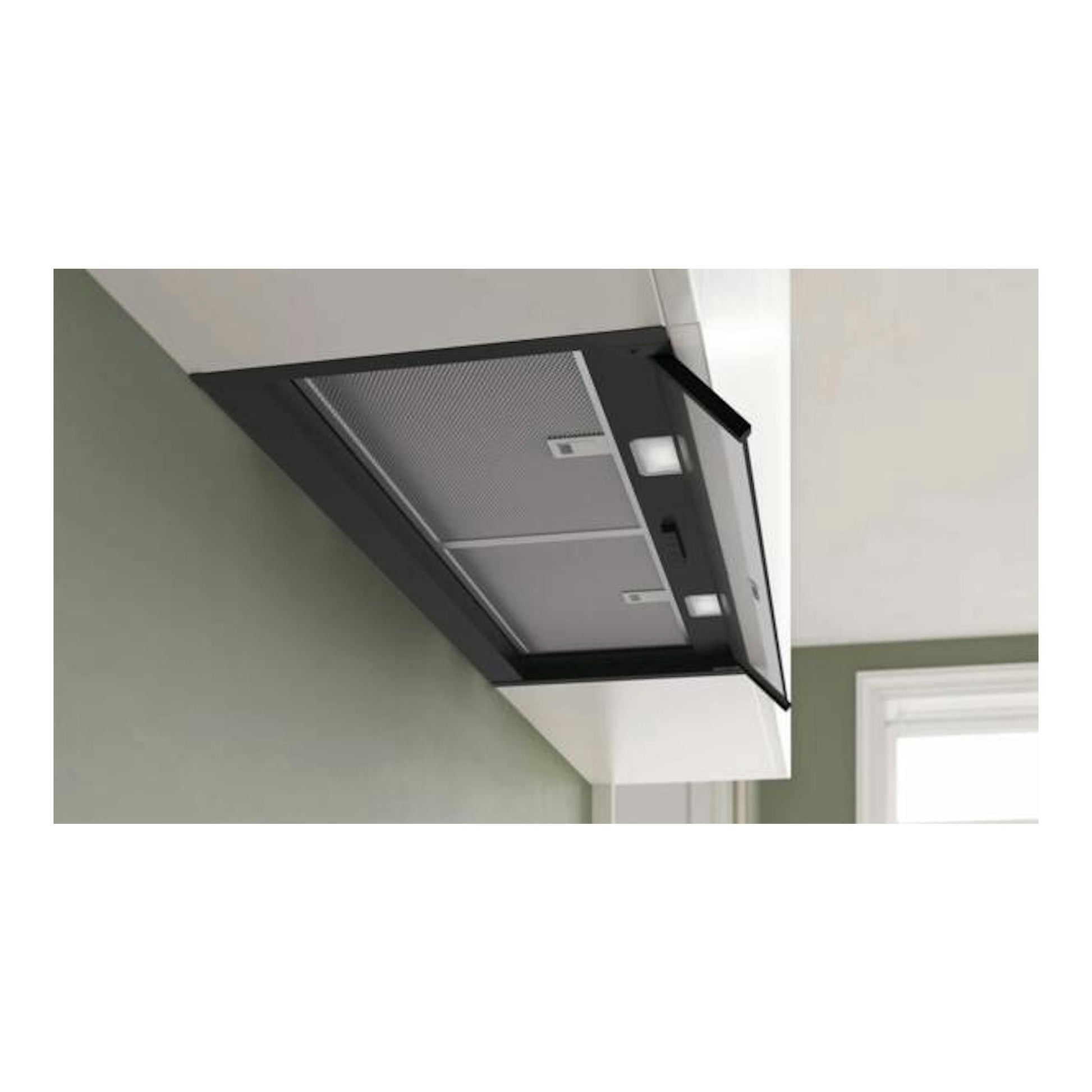Campana integrable Bosch DBB85CC60, negra, con cristal transparente, vista inferior inclinada.