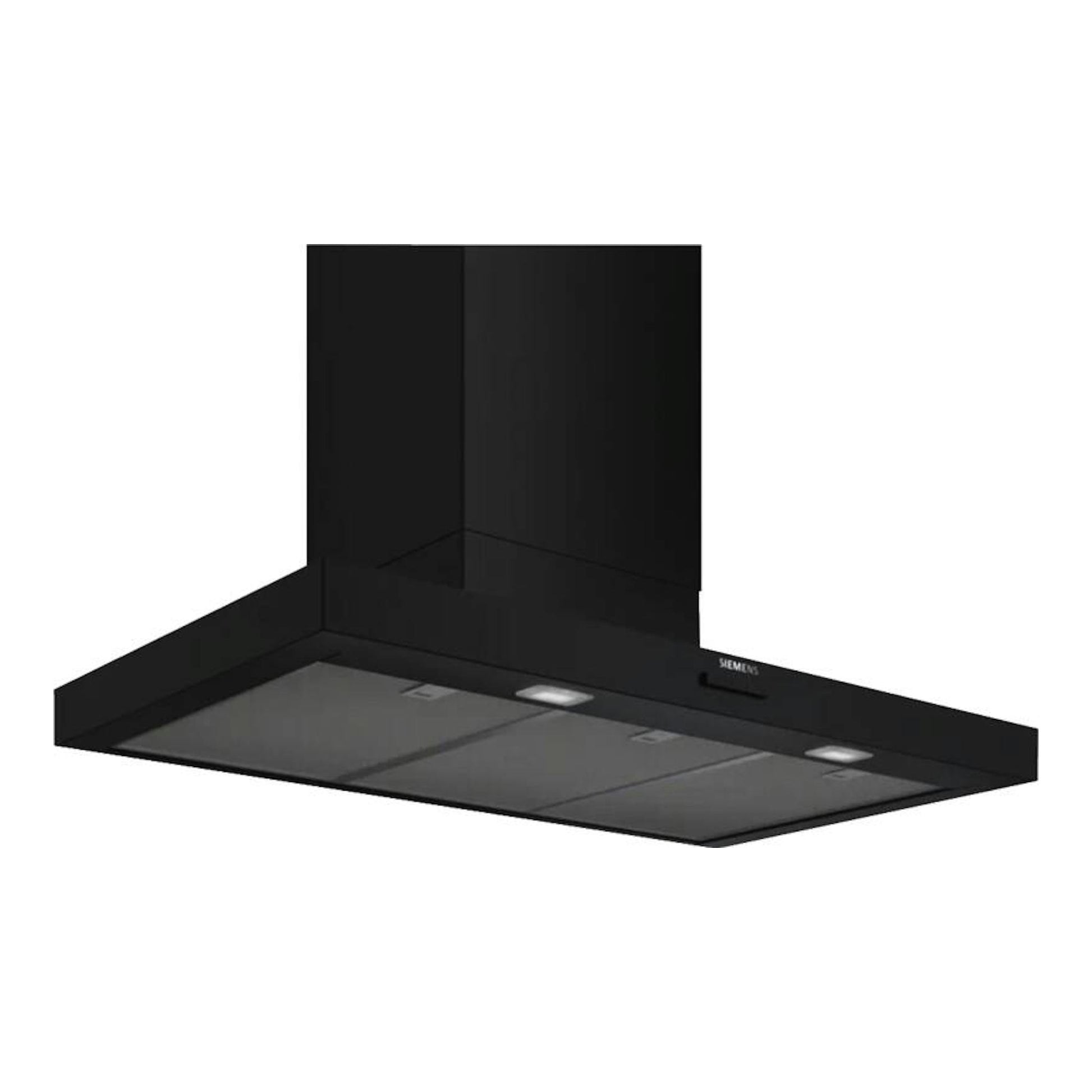 Campana decorativa Siemens LJ95BCC60 negra mate, vista en ángulo inferior sobre fondo blanco.