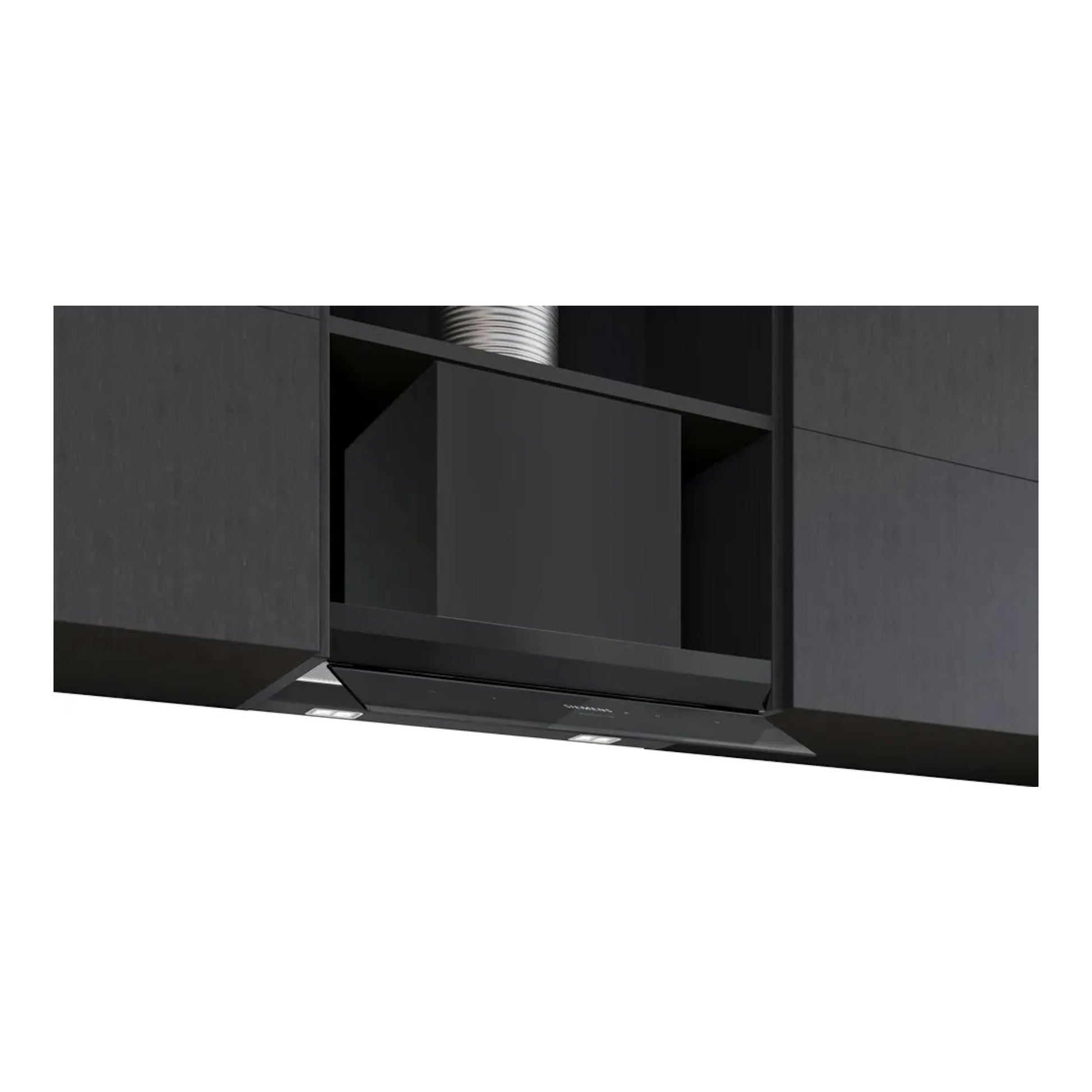 Campana extractora Siemens LJ97BDP60 negra mate, vista frontal integrada entre muebles de cocina.