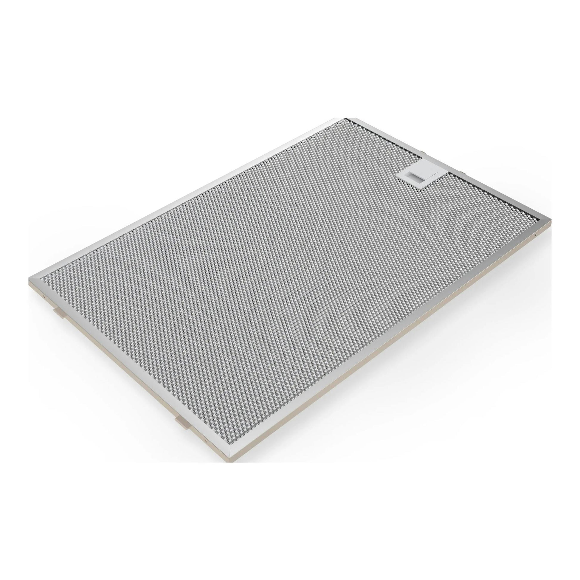 Siemens LJ98BET60, campana integrable rectangular plateada, vista en ángulo sobre fondo blanco.