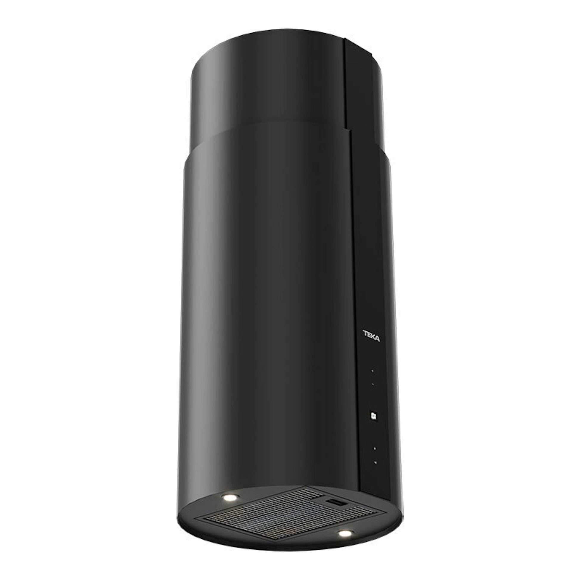Campana de isla Teka CC485 negra, vista frontal, cilíndrica, con panel de control y luces inferiores.