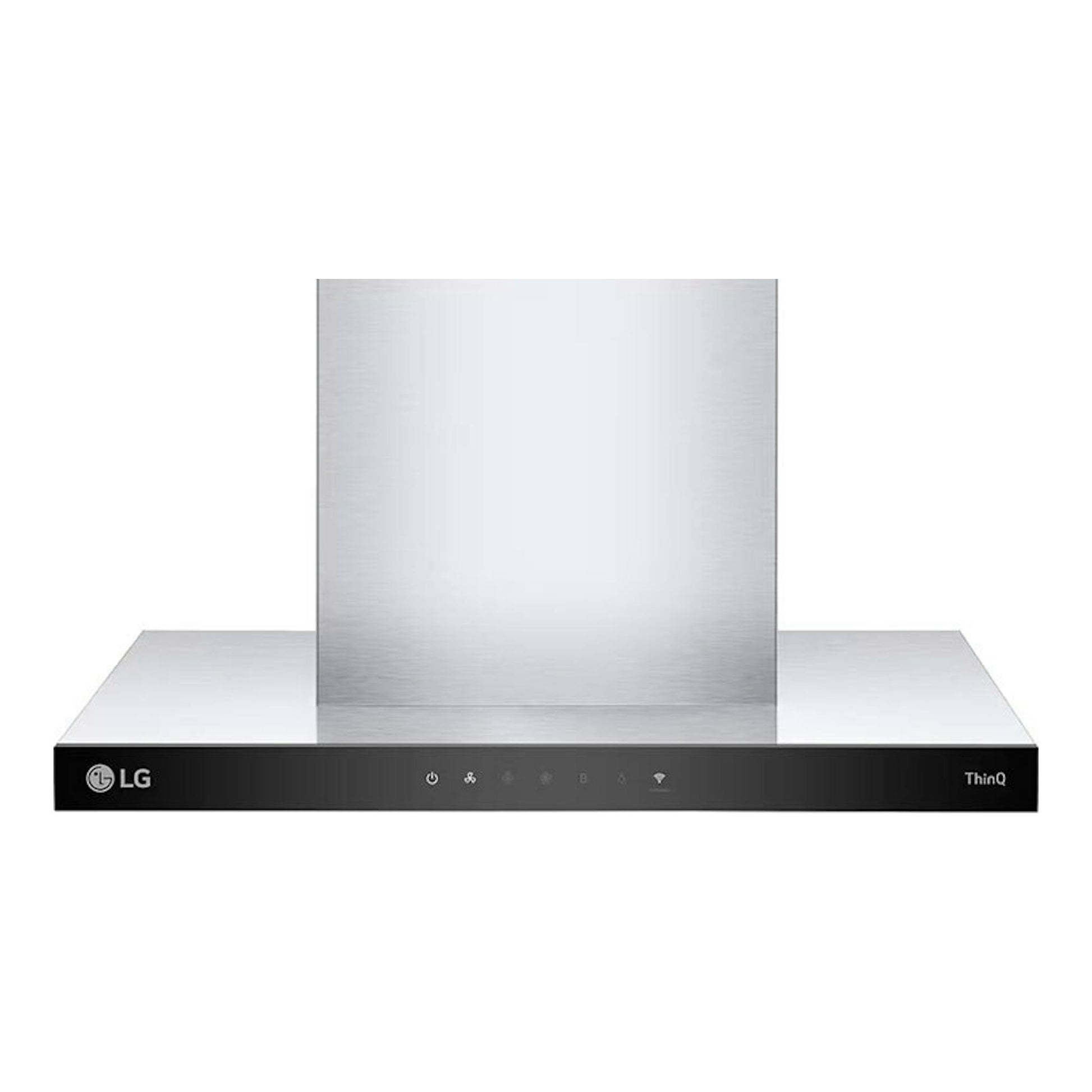 Campana decorativa LG HCEZ2426S de acero inoxidable, vista frontal con chimenea central y panel negro.