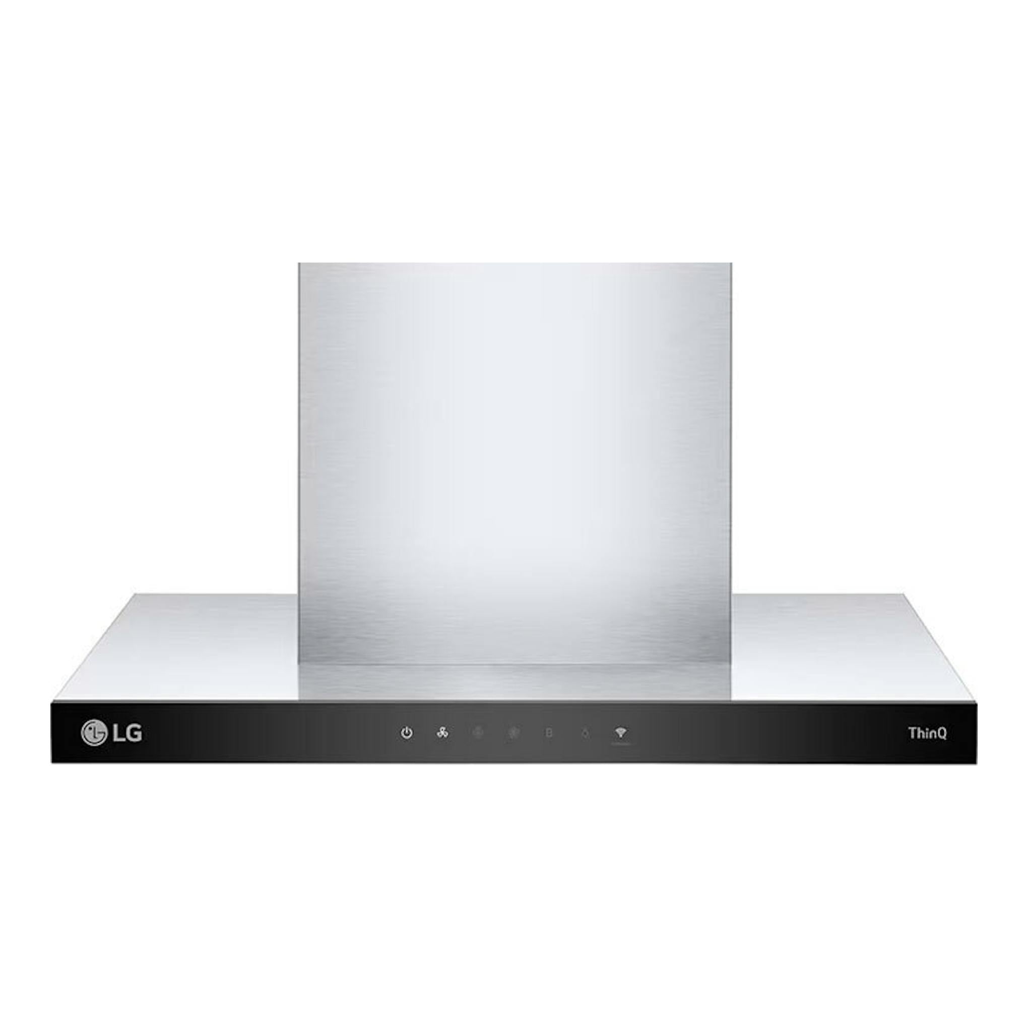 Campana decorativa LG HCEZ2426S de acero inoxidable, vista frontal con chimenea central y panel negro.