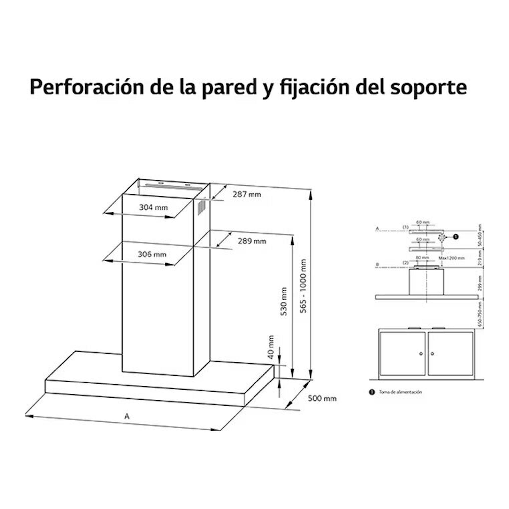 Diagrama técnico de instalación de campana decorativa LG HCEZ2426S inox, vista frontal con medidas.