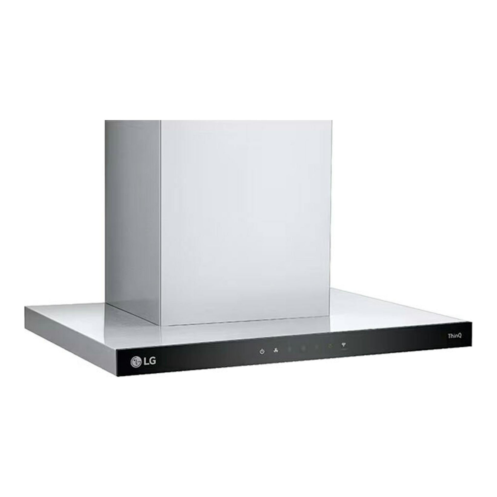Campana decorativa LG HCEZ2426S de acero inox, vista frontal, con chimenea central y panel negro.