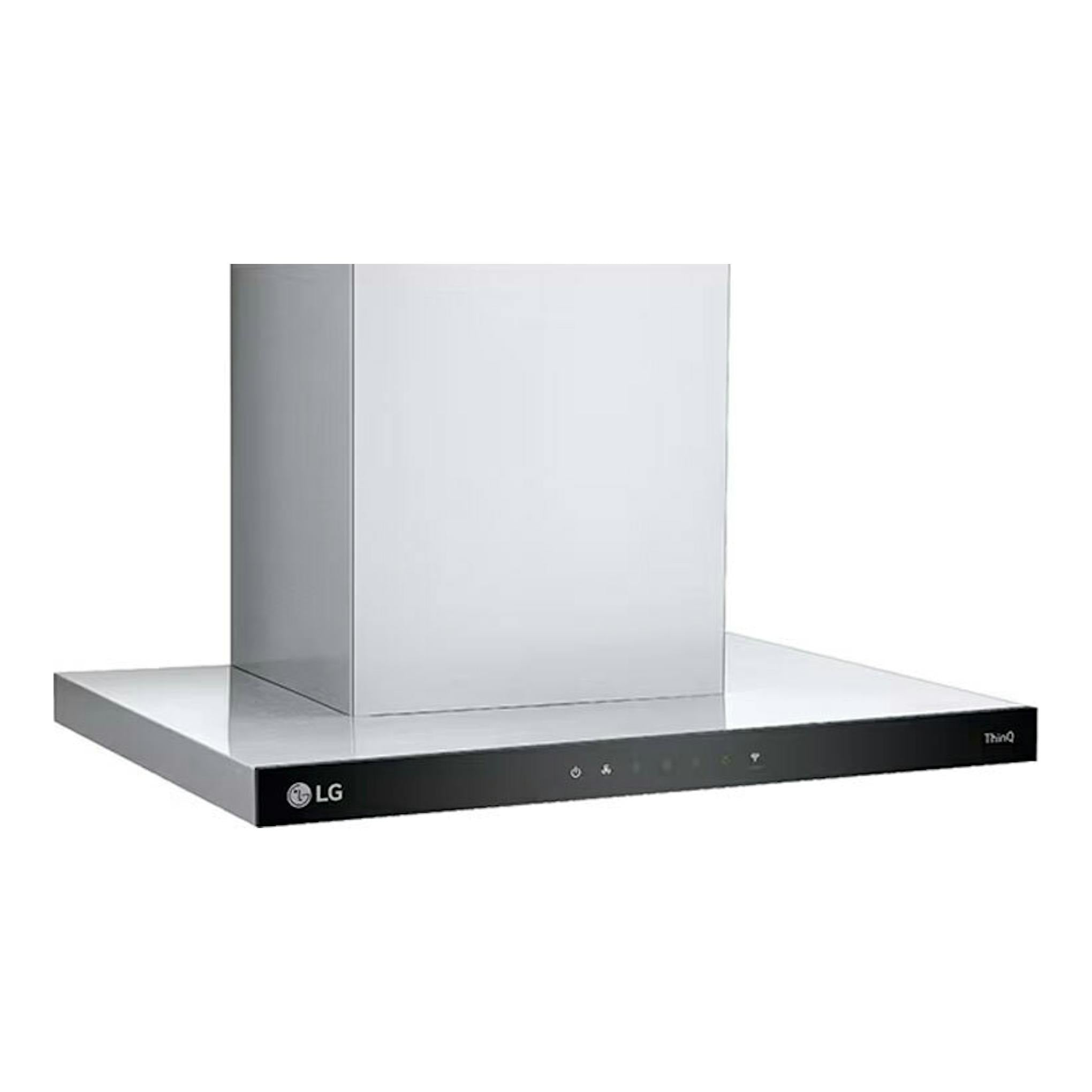 Campana decorativa LG HCEZ2426S de acero inox, vista frontal, con chimenea central y panel negro.
