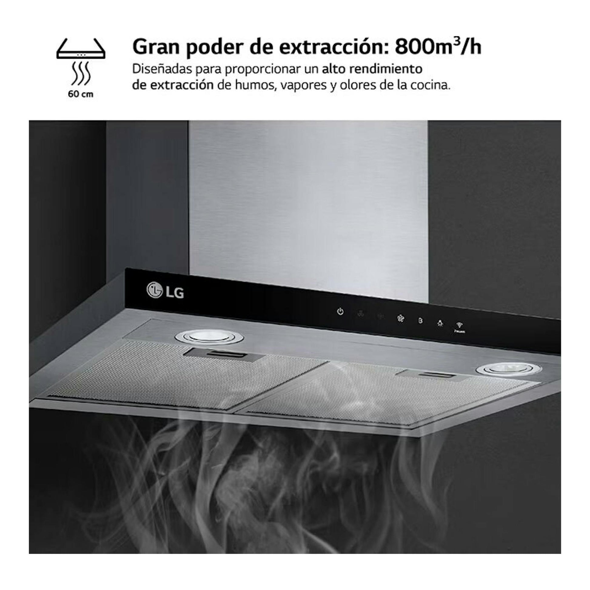 Campana extractora LG HCEZ2426S inox, vista frontal inclinada, con filtros metálicos y controles táctiles.