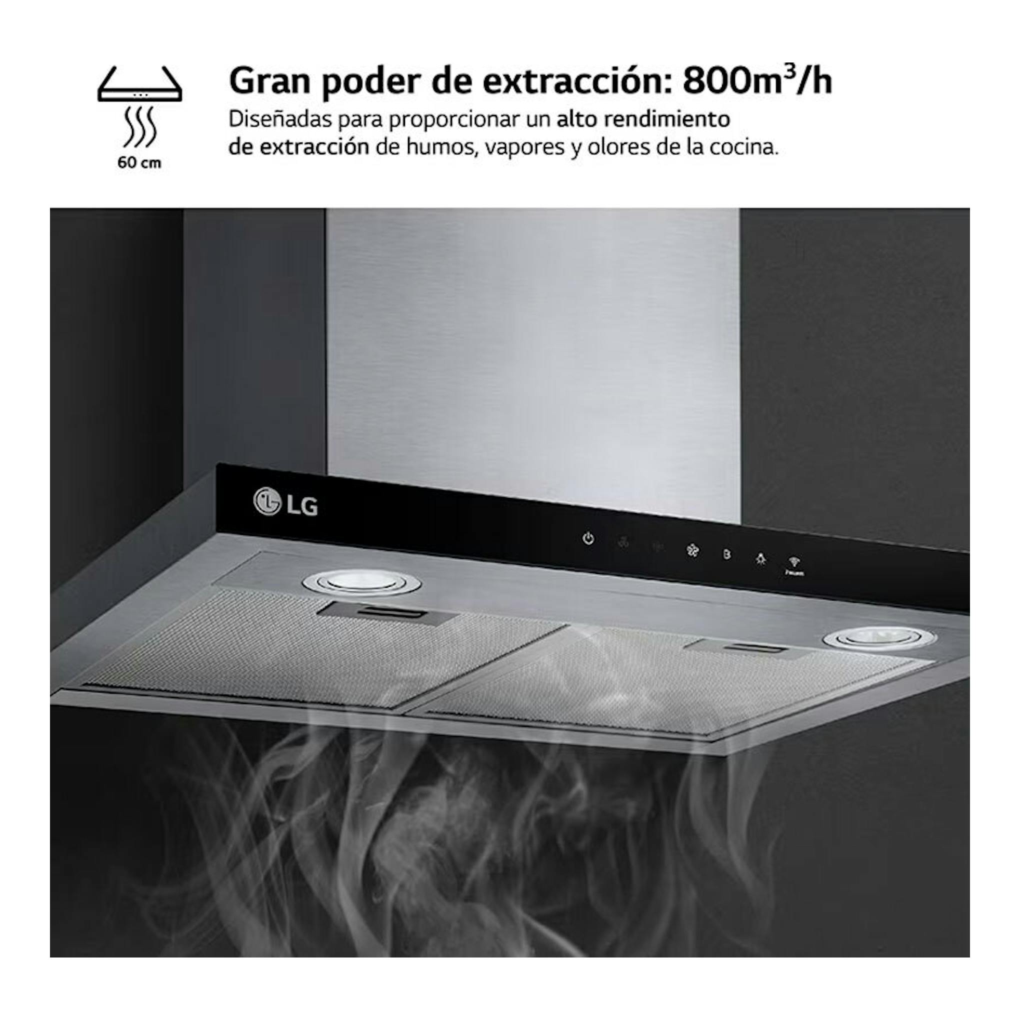 Campana extractora LG HCEZ2426S inox, vista frontal inclinada, con filtros metálicos y controles táctiles.