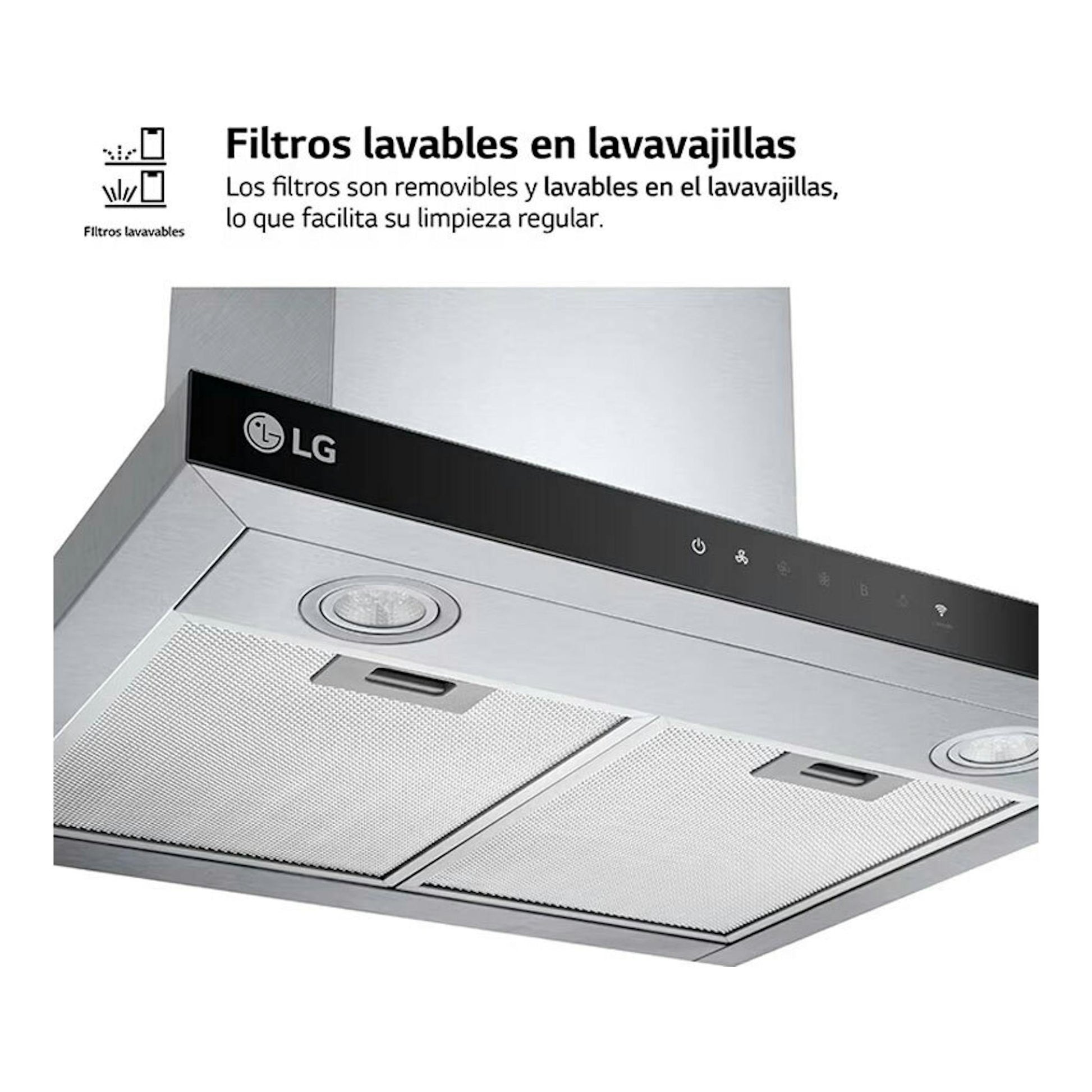 Campana extractora LG HCEZ2426S inox, vista inferior inclinada, con filtros lavables y panel negro.