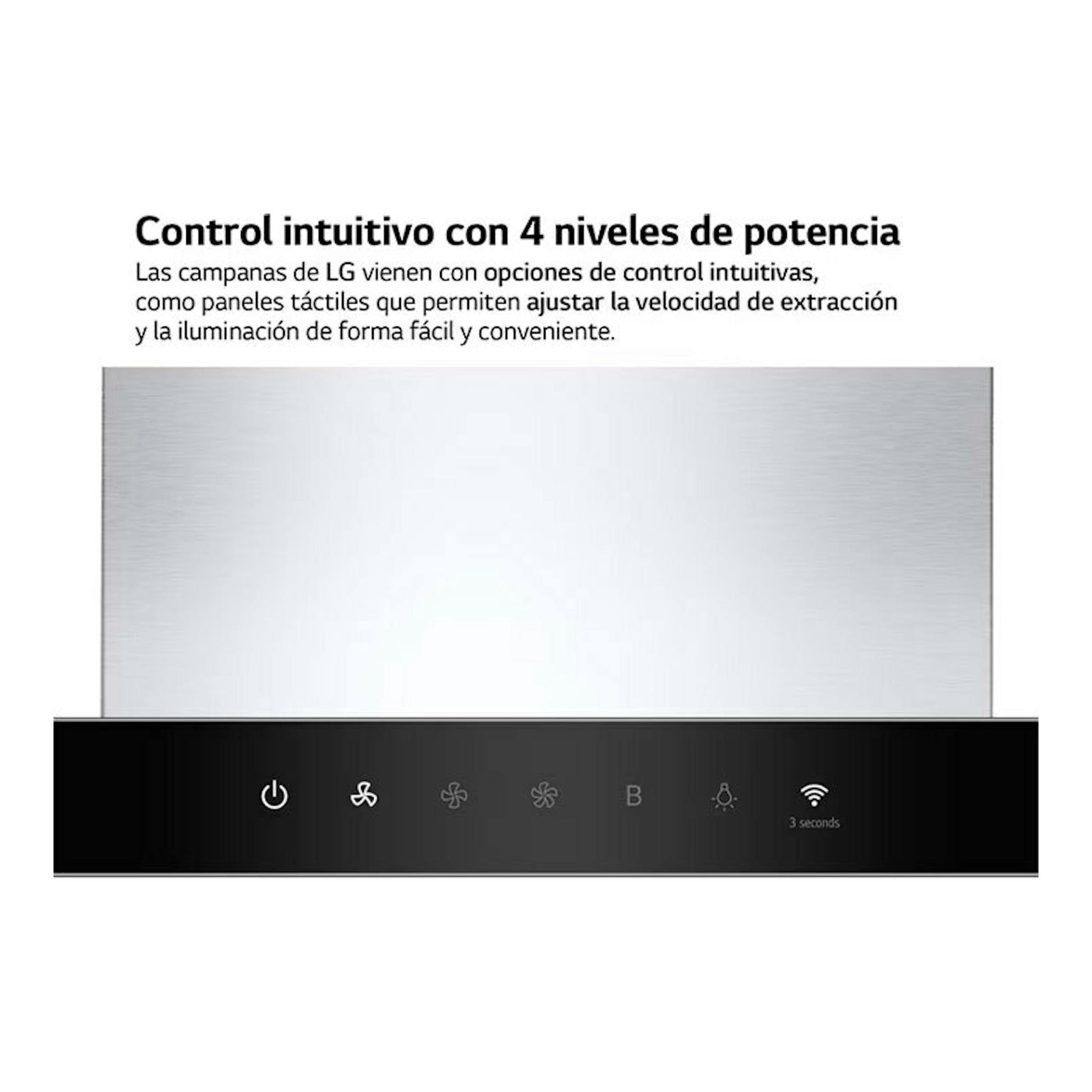 Campana decorativa LG HCEZ2426S inox, vista frontal con panel táctil negro y cuerpo metálico.