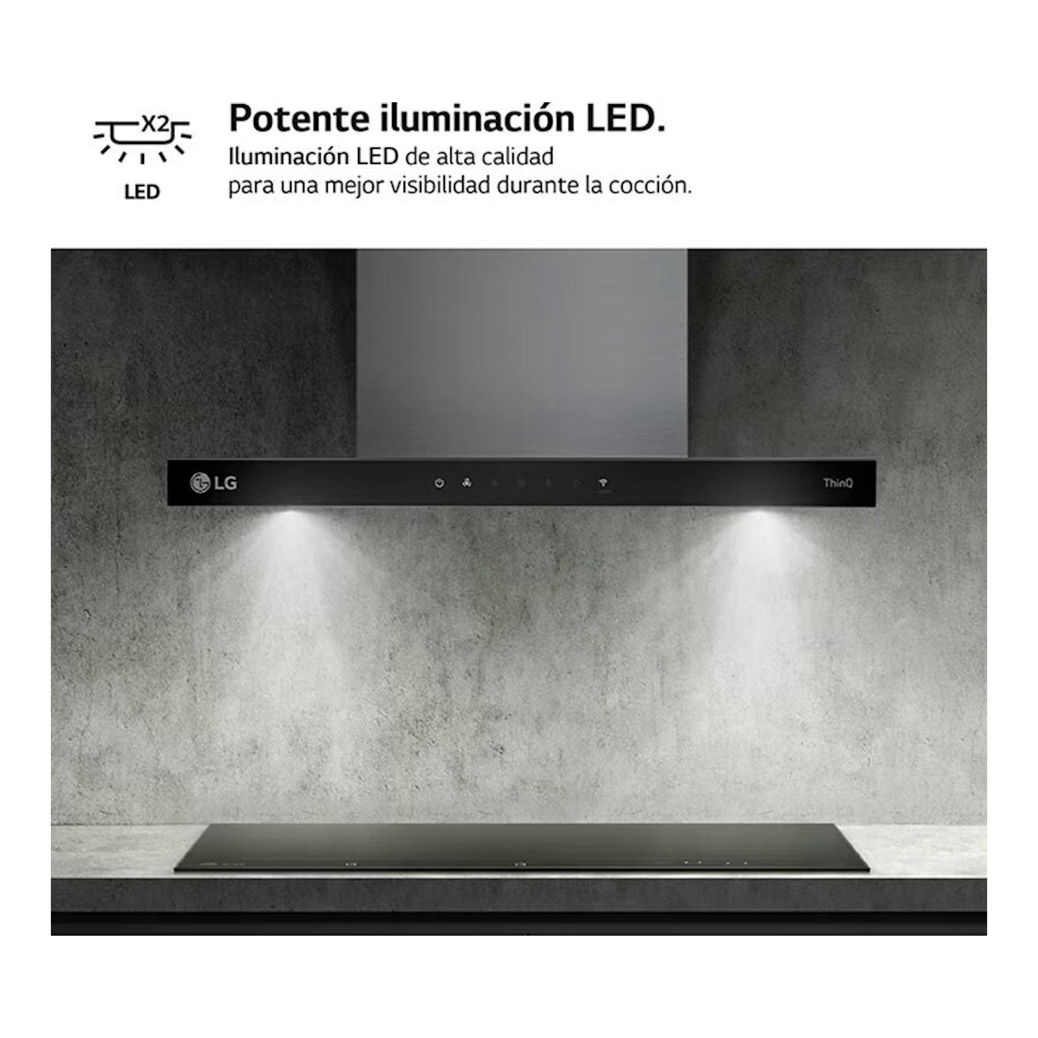Campana decorativa LG HCEZ2426S Inox, vista frontal, negra con chimenea inox y luces LED encendidas.
