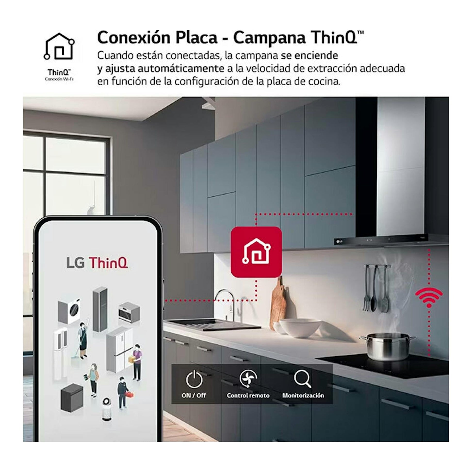 Campana decorativa LG HCEZ2426S inox, vista frontal en cocina, con gráfico de conexión ThinQ al móvil.