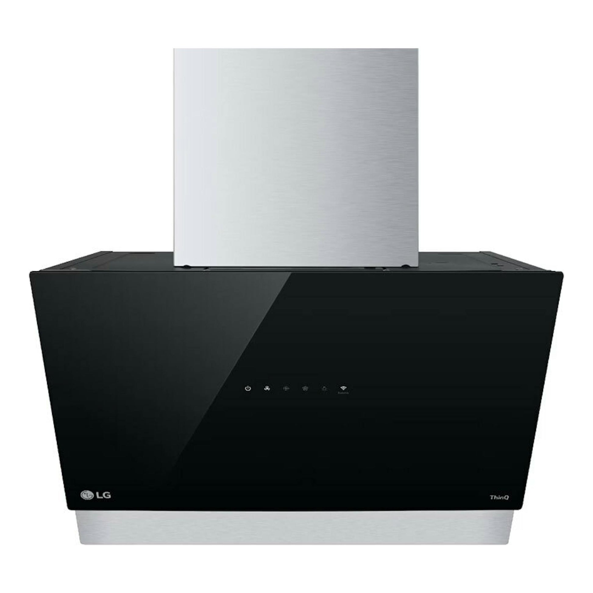 Campana decorativa LG HCEZ2428B negra, vista frontal, con chimenea de acero inoxidable.