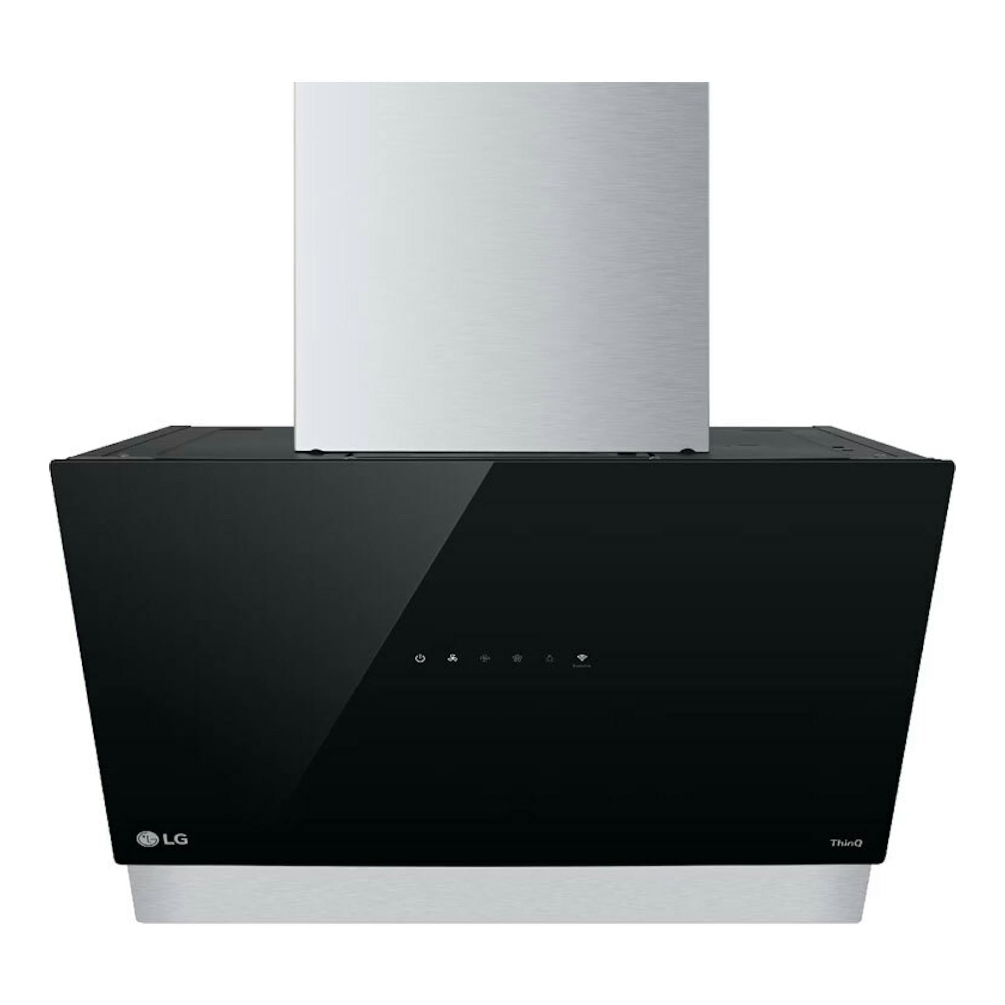Campana decorativa LG HCEZ2428B negra, vista frontal, con chimenea de acero inoxidable.