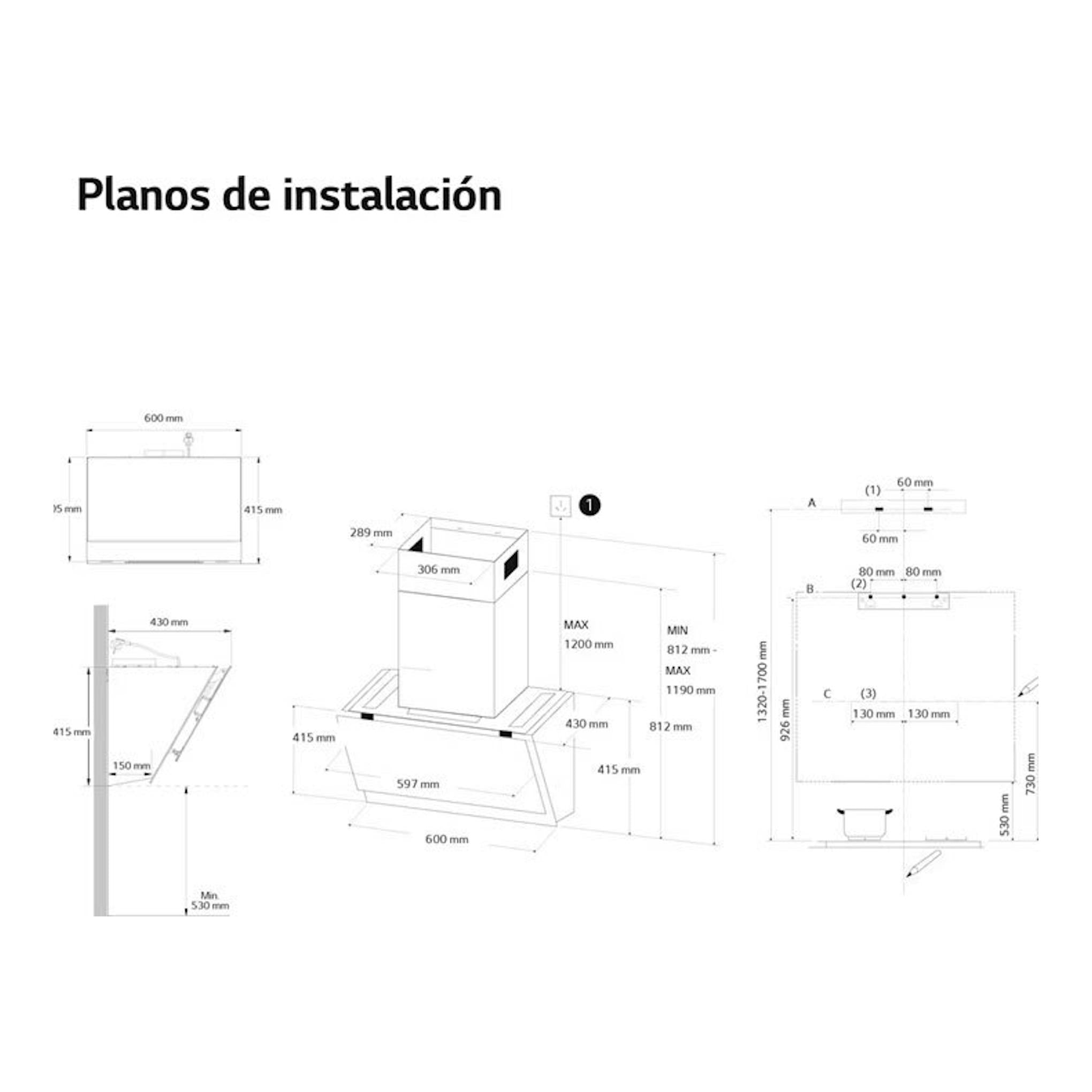 Planos de instalación de campana decorativa LG HCEZ2428B negra, con vistas frontal y lateral y medidas.