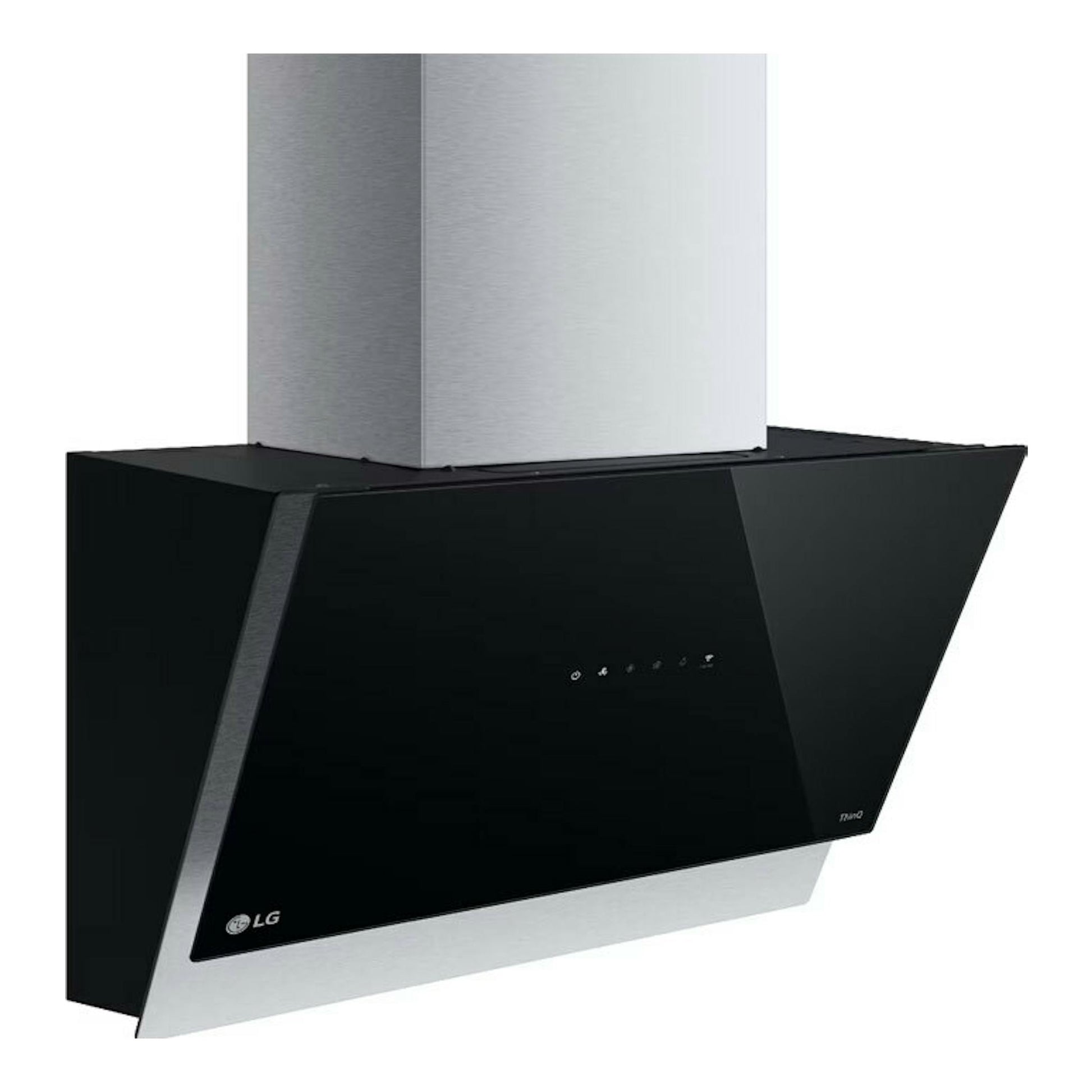 Campana decorativa LG HCEZ2428B negra, vista frontal en ángulo, con panel de vidrio negro y chimenea inox.