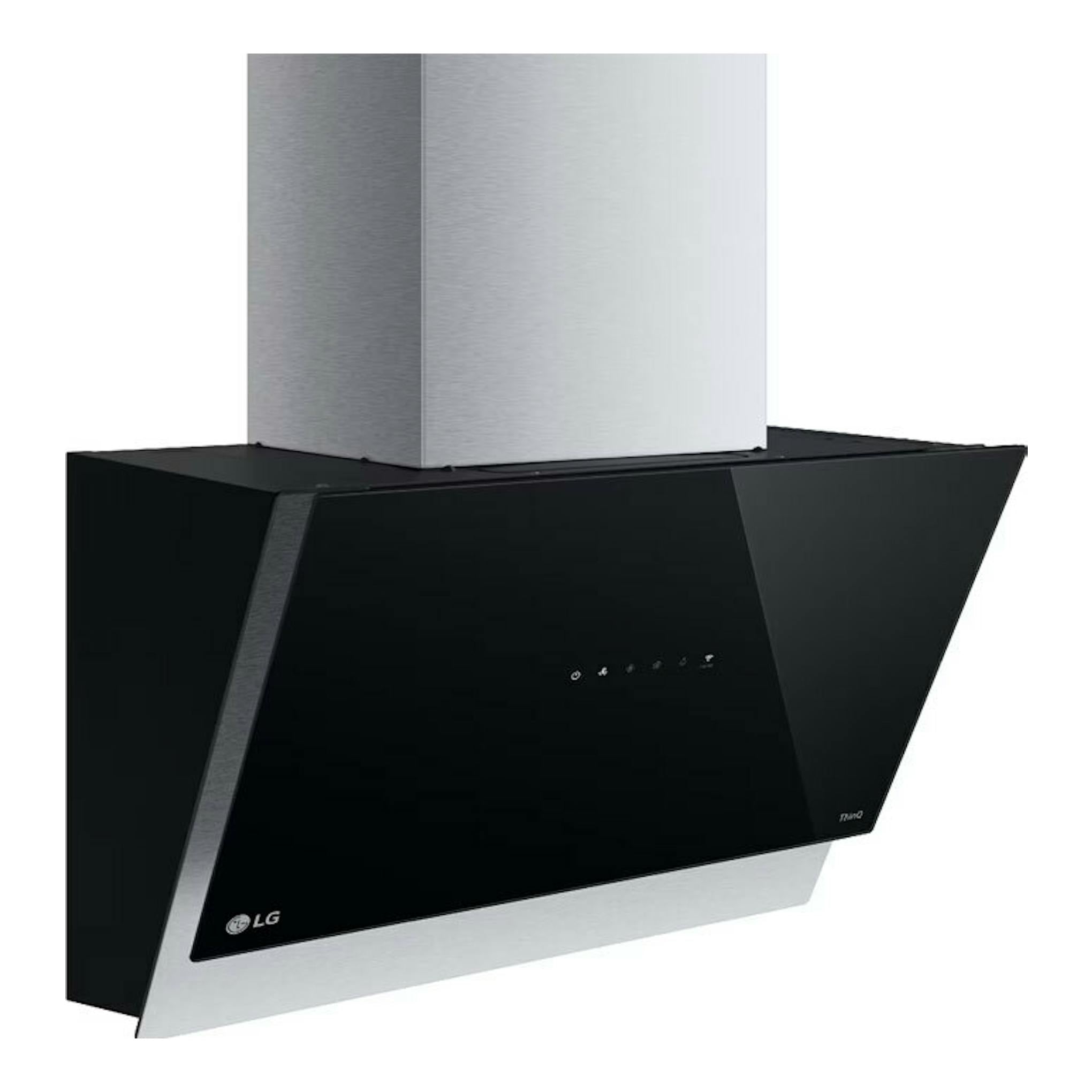 Campana decorativa LG HCEZ2428B negra, vista frontal en ángulo, con panel de vidrio negro y chimenea inox.