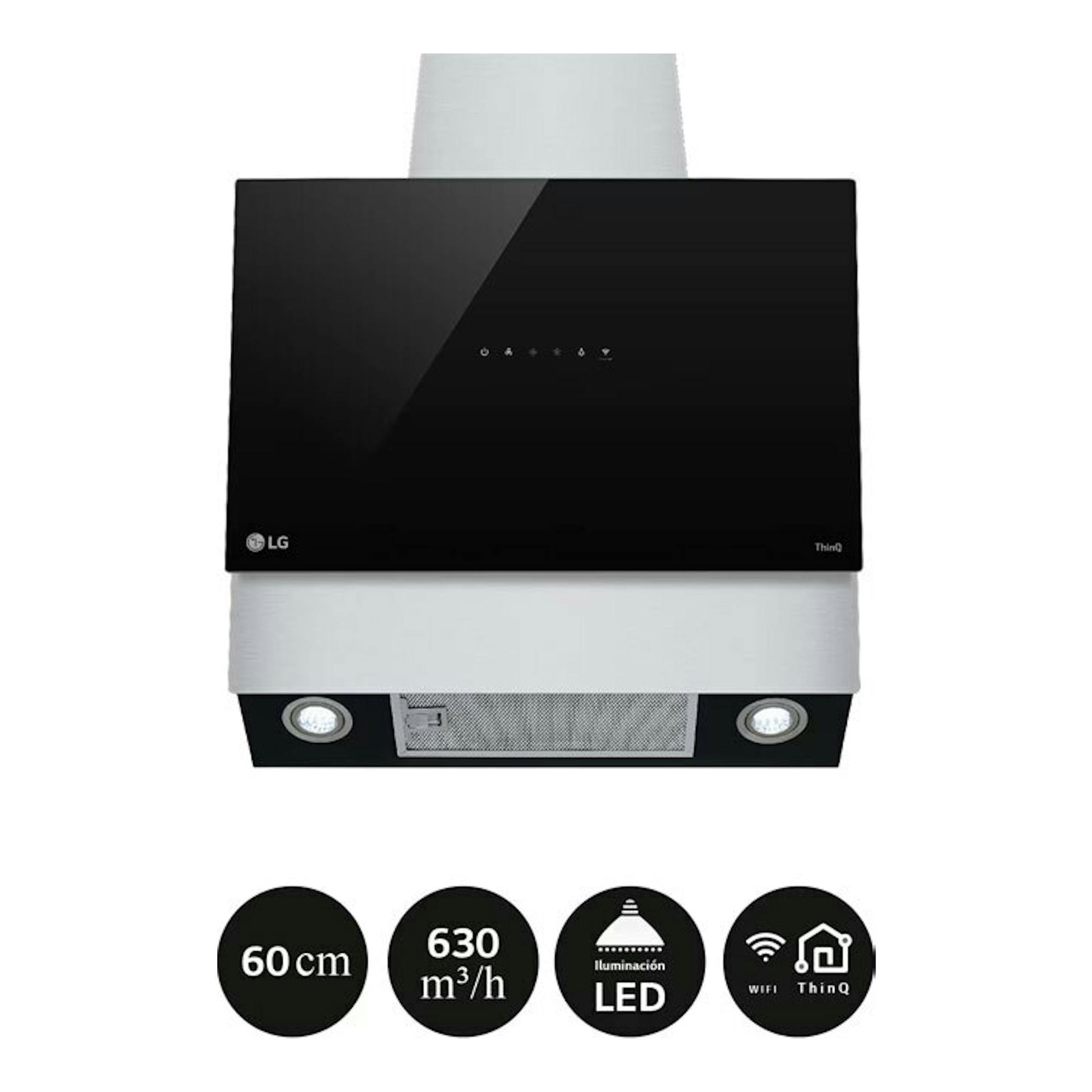 Campana decorativa LG HCEZ2428B negra y acero inoxidable, vista frontal, con panel negro y luces LED.
