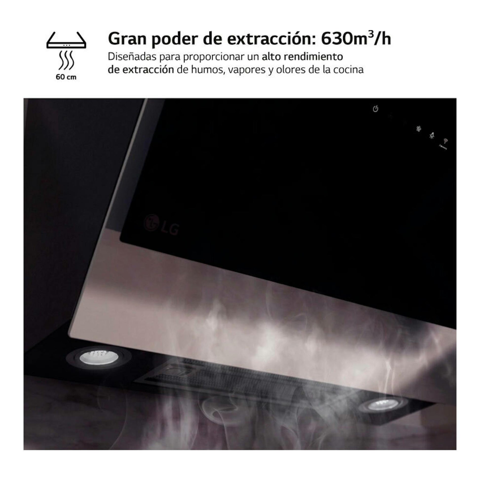 Campana decorativa LG HCEZ2428B negra, vista en ángulo con panel frontal de vidrio y luces inferiores.