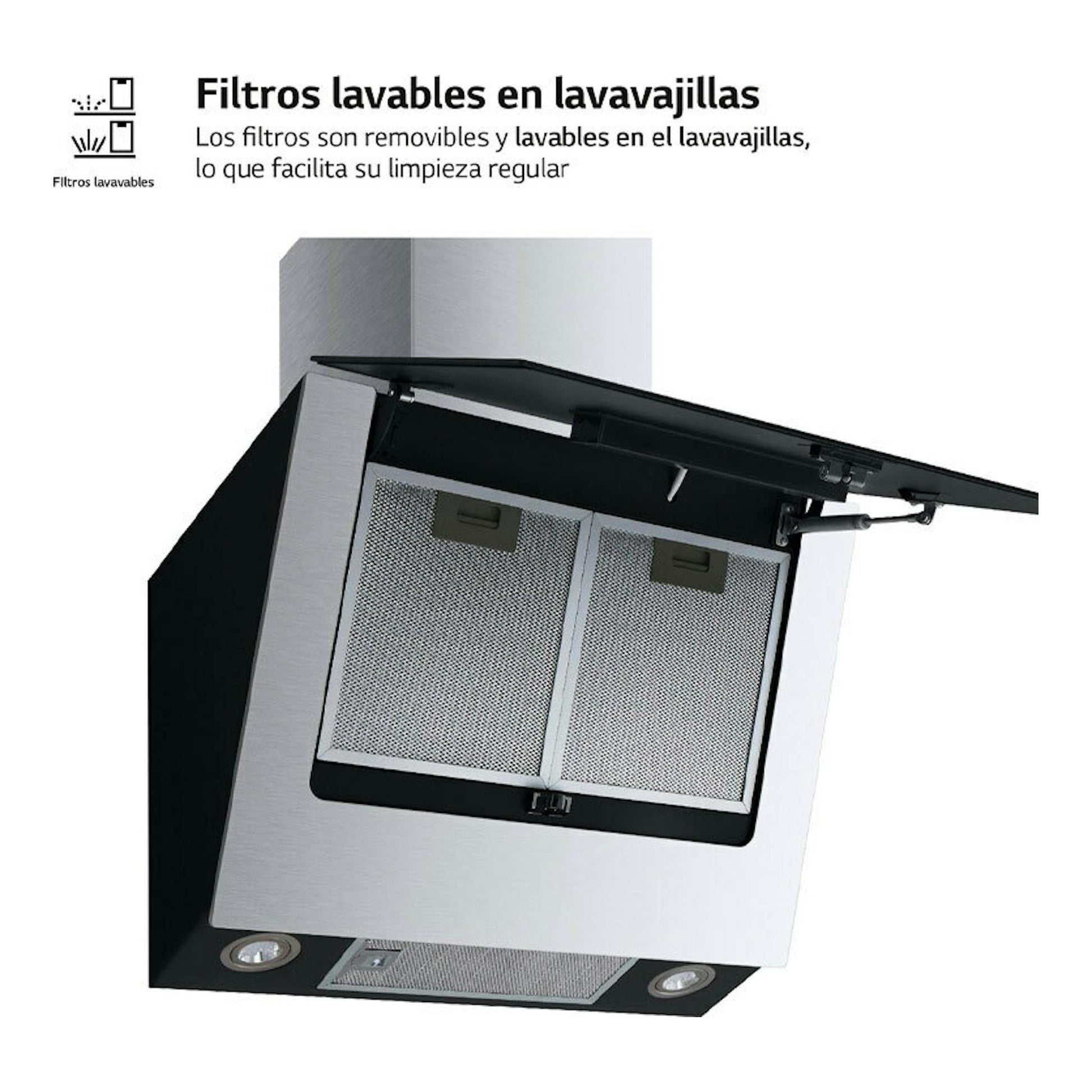 Campana decorativa LG HCEZ2428B negra, vista inferior inclinada, con filtros metálicos lavables abiertos.