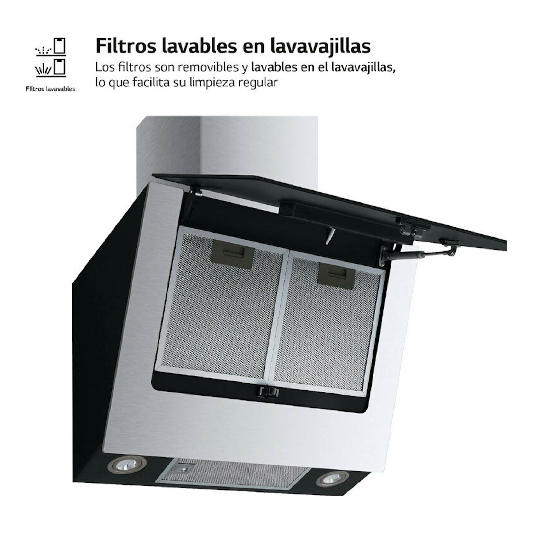 Campana decorativa LG HCEZ2428B negra, vista inferior inclinada, con filtros metálicos lavables abiertos.