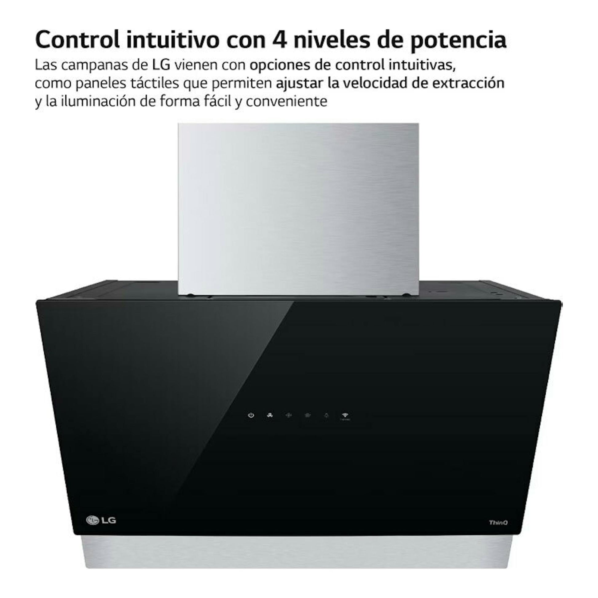 Campana decorativa LG HCEZ2428B negra, vista frontal, con chimenea de acero inoxidable.