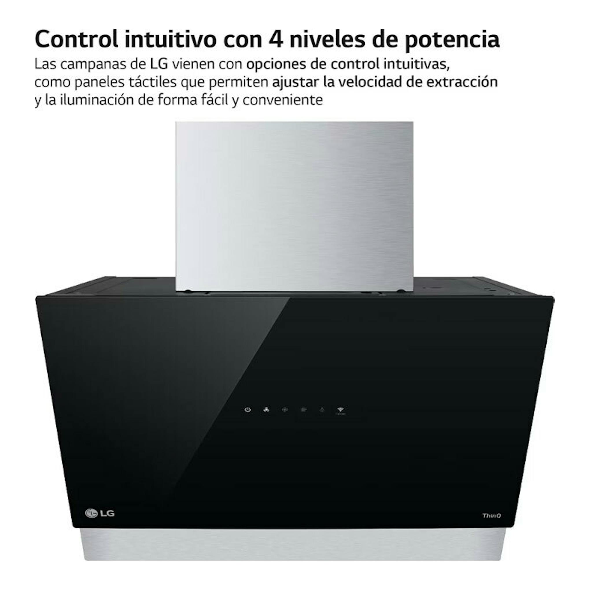 Campana decorativa LG HCEZ2428B negra, vista frontal, con chimenea de acero inoxidable.