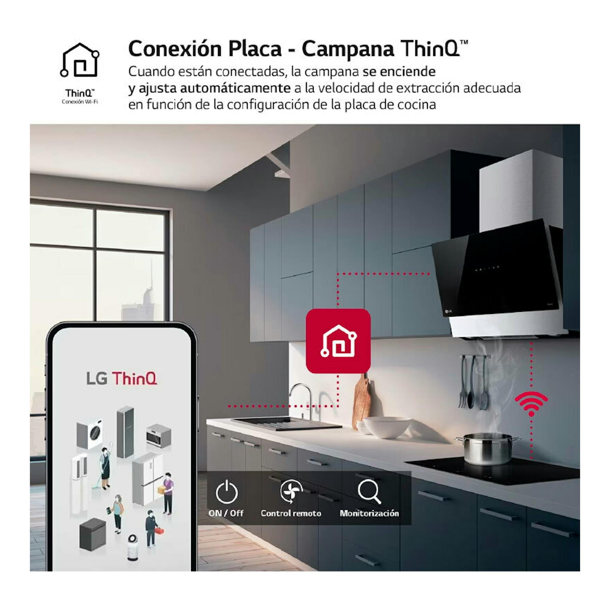 Campana decorativa LG HCEZ2428B negra en cocina moderna, vista frontal, con app LG ThinQ en móvil.