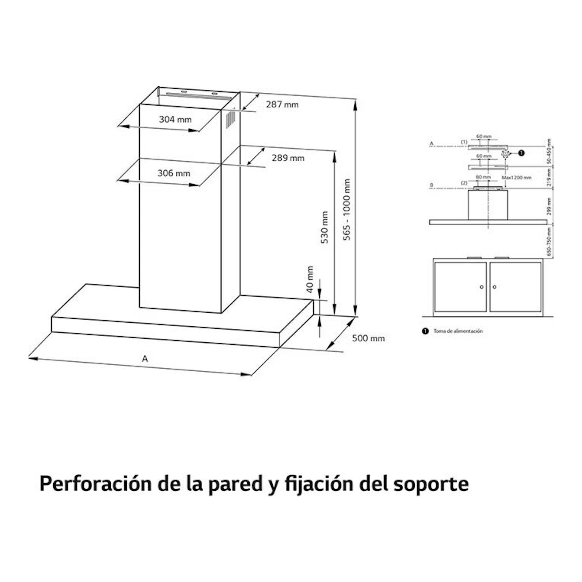 Esquema técnico de instalación de campana decorativa LG HCEZ3626S Inox, con medidas y fijación.