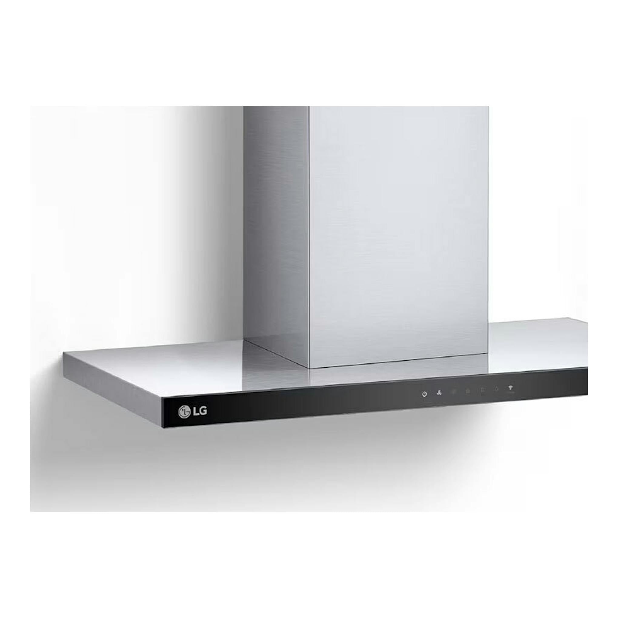 Campana decorativa LG HCEZ3626S de acero inoxidable, vista frontal con chimenea central.
