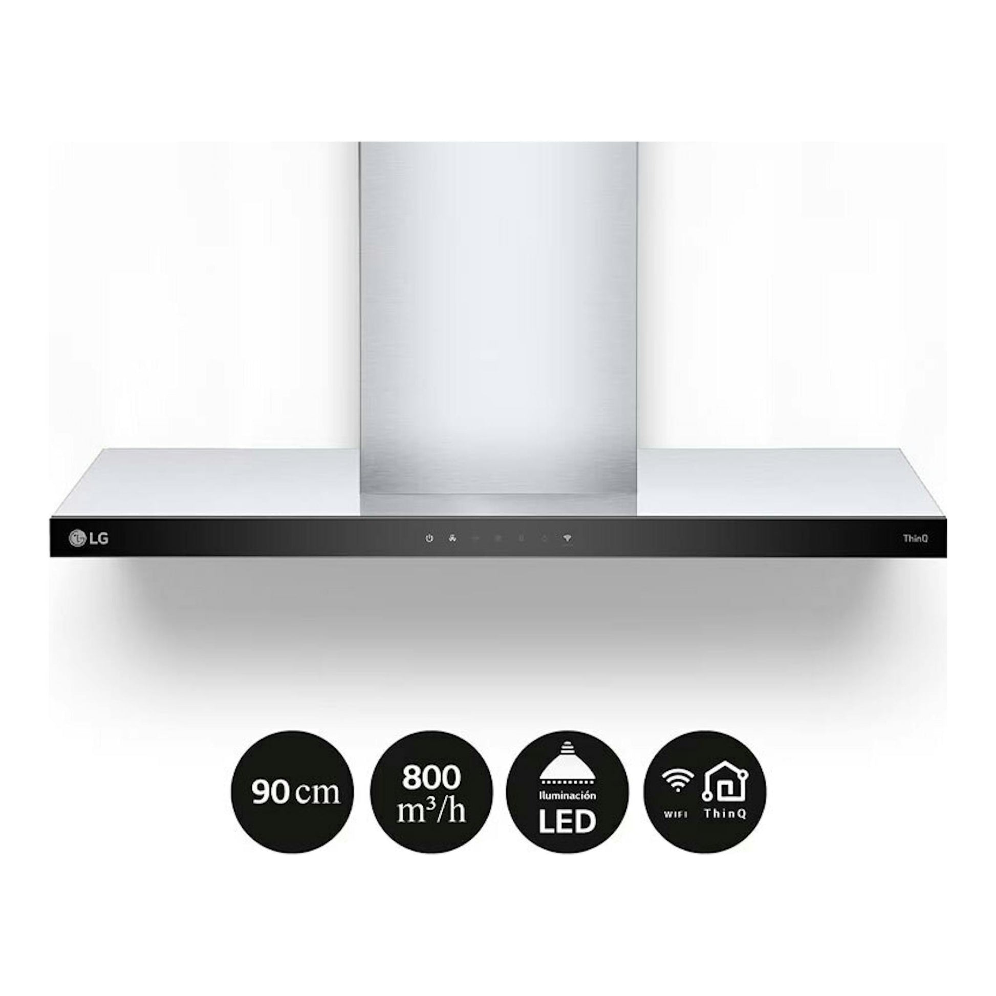 Campana decorativa LG HCEZ3626S inox, vista frontal, con chimenea central y panel negro.